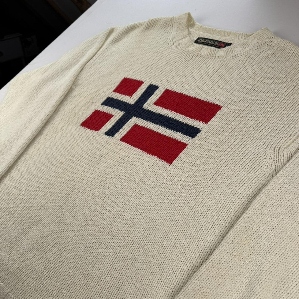 Napapijri Cream Oversized Spellout Knitted Jumper XL - Threads Uncovered