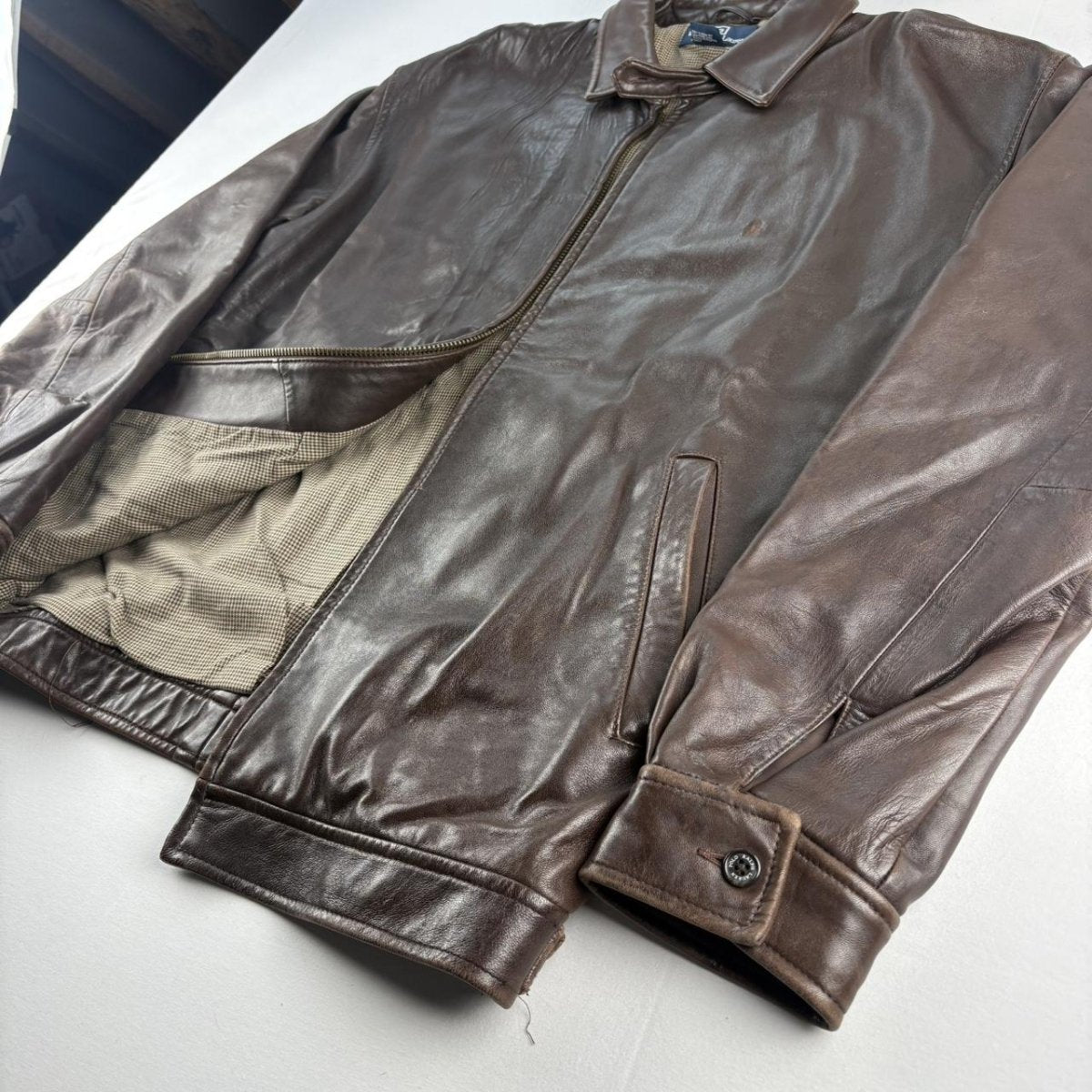 Polo Ralph Lauren Early 2000s Leather Brown Harrington Jacket L - Threads Uncovered