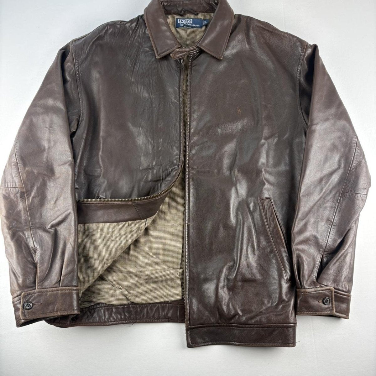 Polo Ralph Lauren Early 2000s Leather Brown Harrington Jacket L - Threads Uncovered