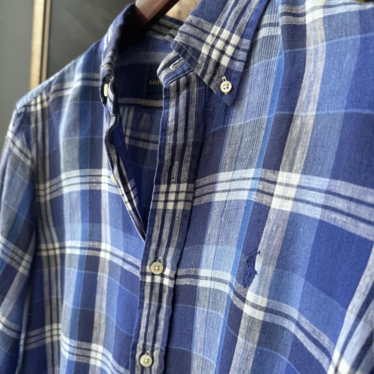 Polo Ralph Lauren Embroidered Pony Checkered Linen Shirt M - Threads Uncovered