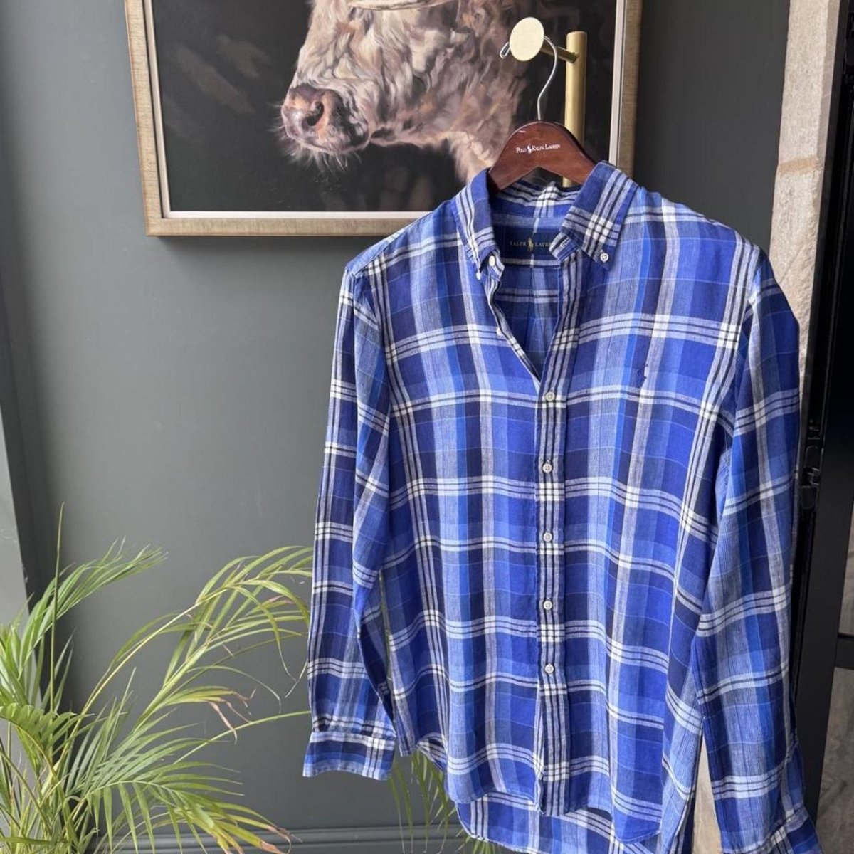 Polo Ralph Lauren Embroidered Pony Checkered Linen Shirt M - Threads Uncovered