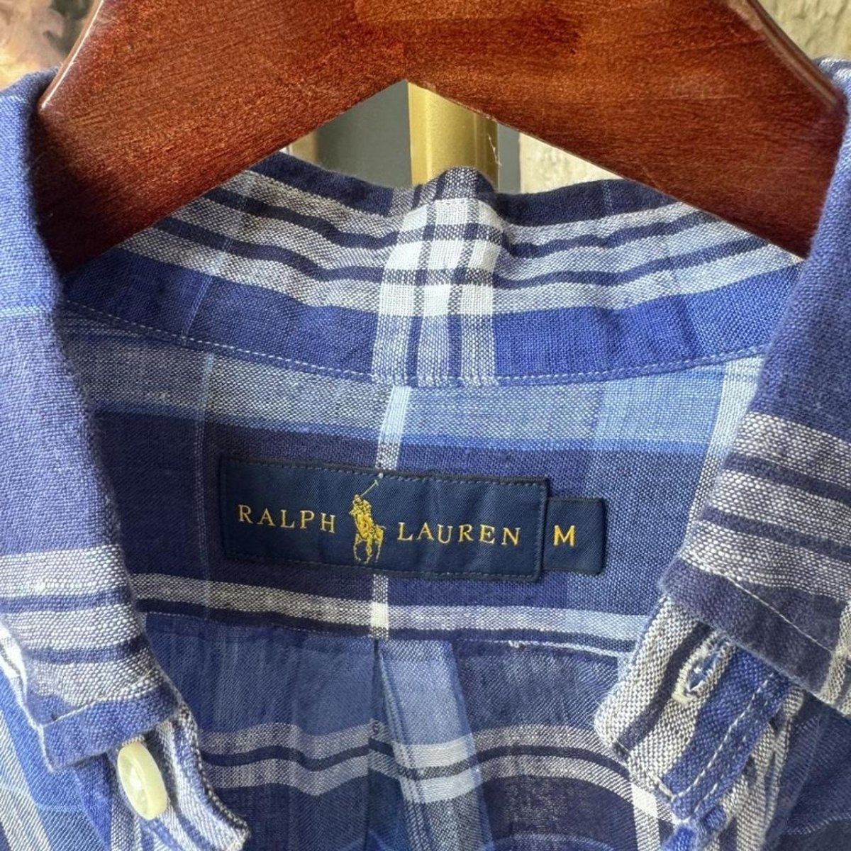 Polo Ralph Lauren Embroidered Pony Checkered Linen Shirt M - Threads Uncovered