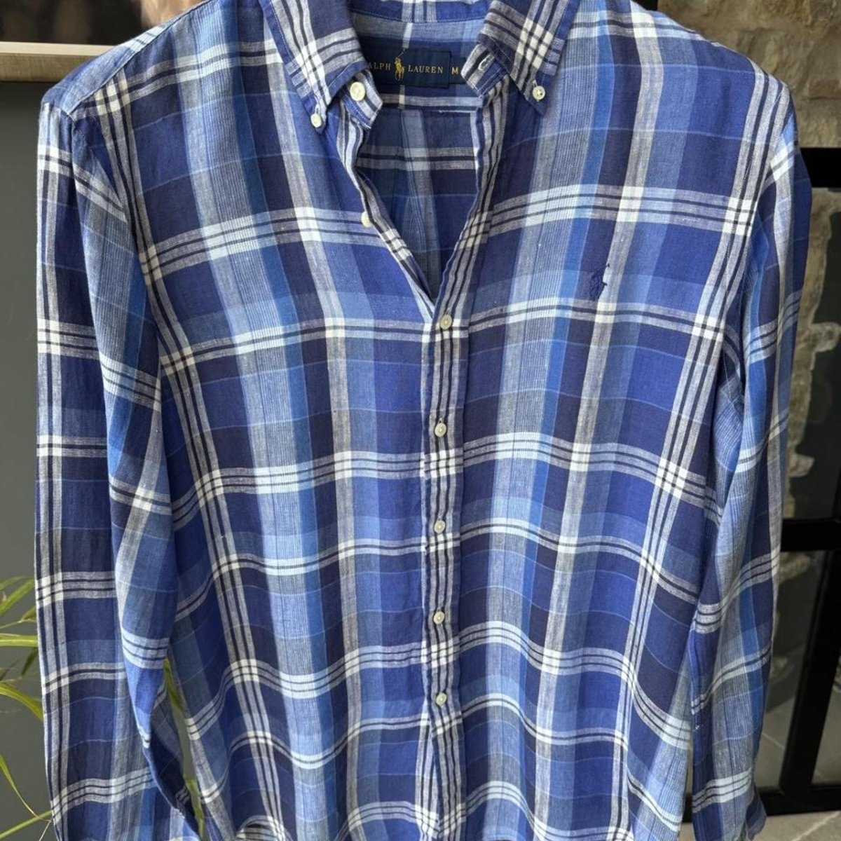 Polo Ralph Lauren Embroidered Pony Checkered Linen Shirt M - Threads Uncovered