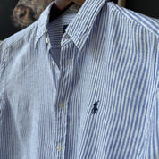 Polo Ralph Lauren Embroidered Pony Linen Striped Shirt M - Threads Uncovered