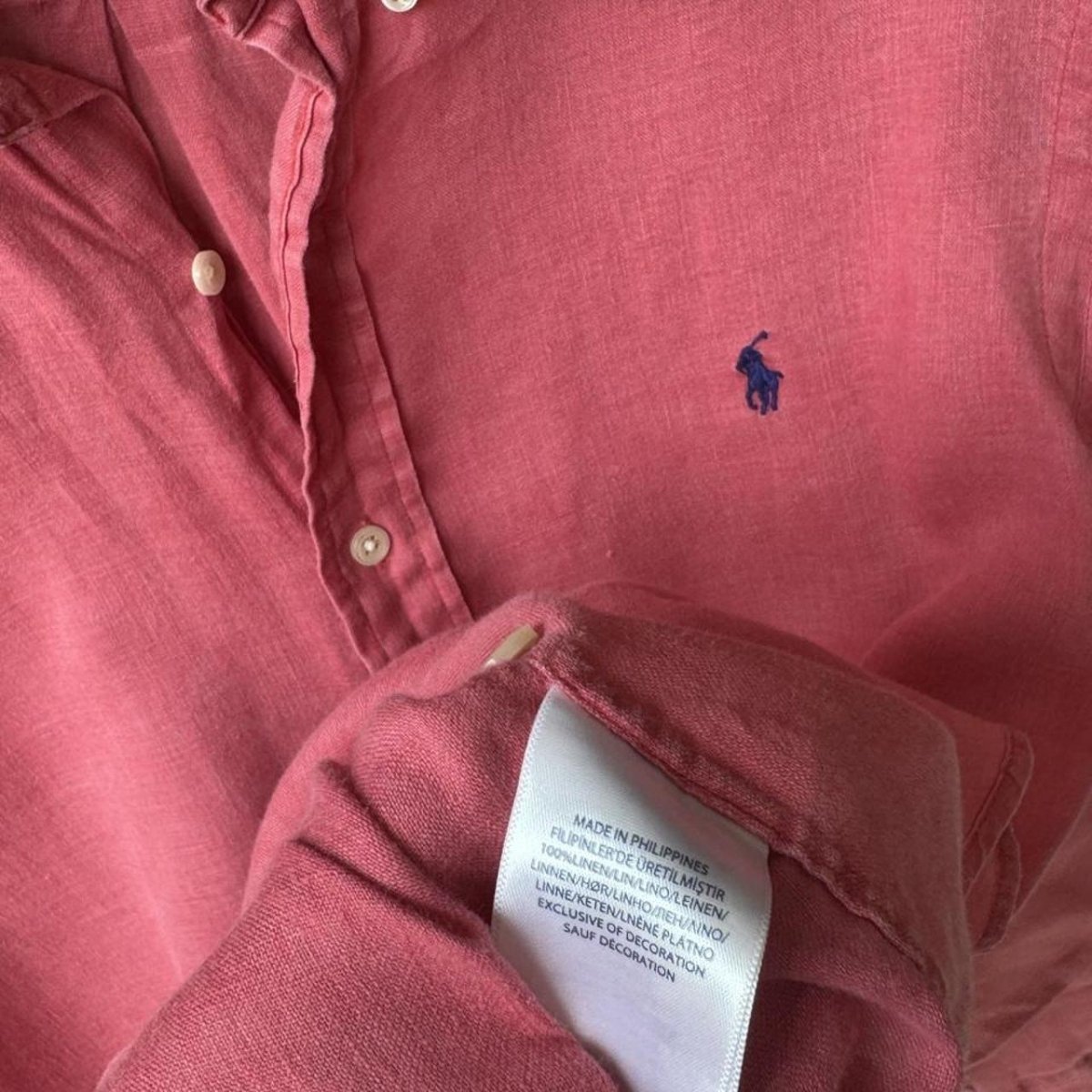 Polo Ralph Lauren Embroidered Pony Pink Linen Shirt M - Threads Uncovered