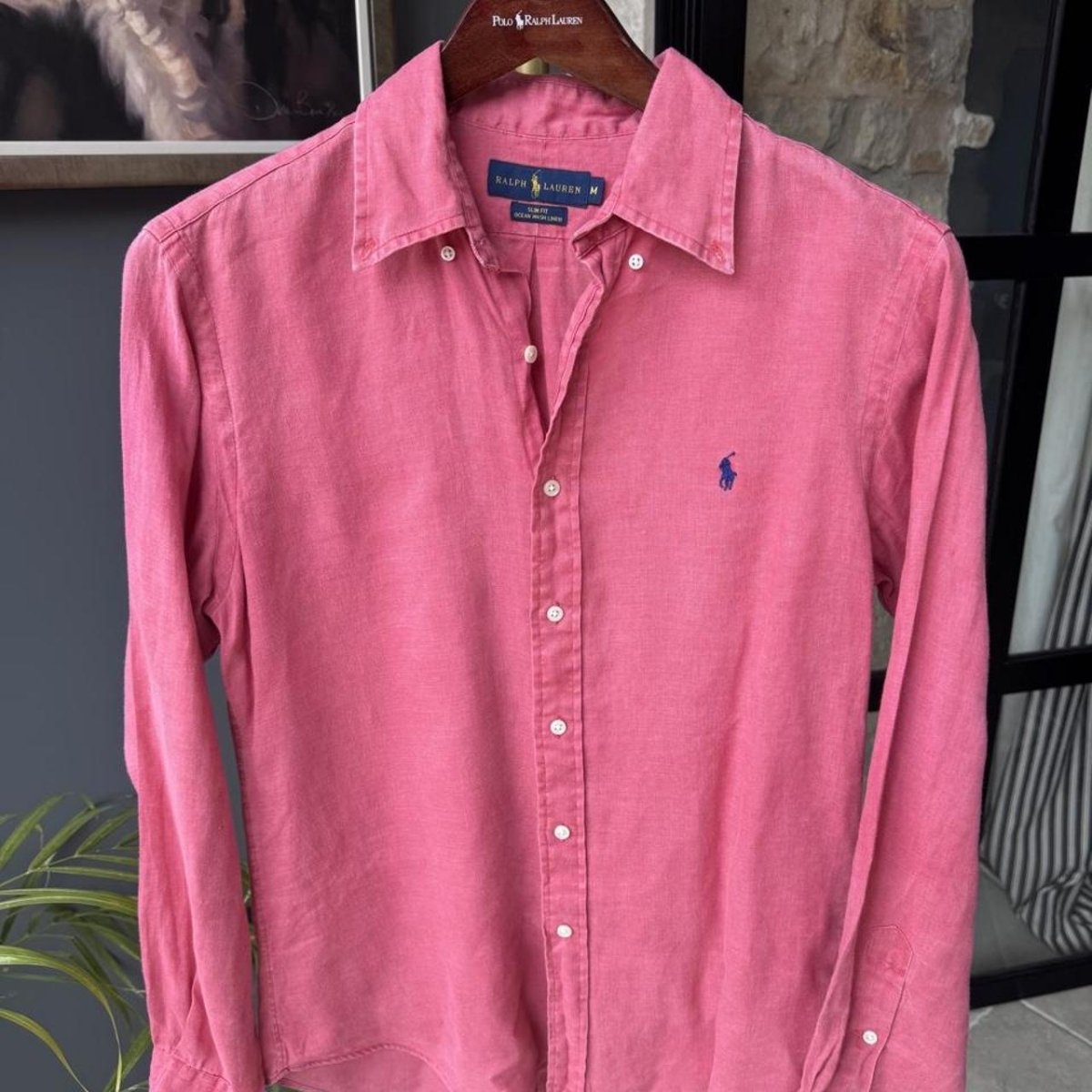 Polo Ralph Lauren Embroidered Pony Pink Linen Shirt M - Threads Uncovered