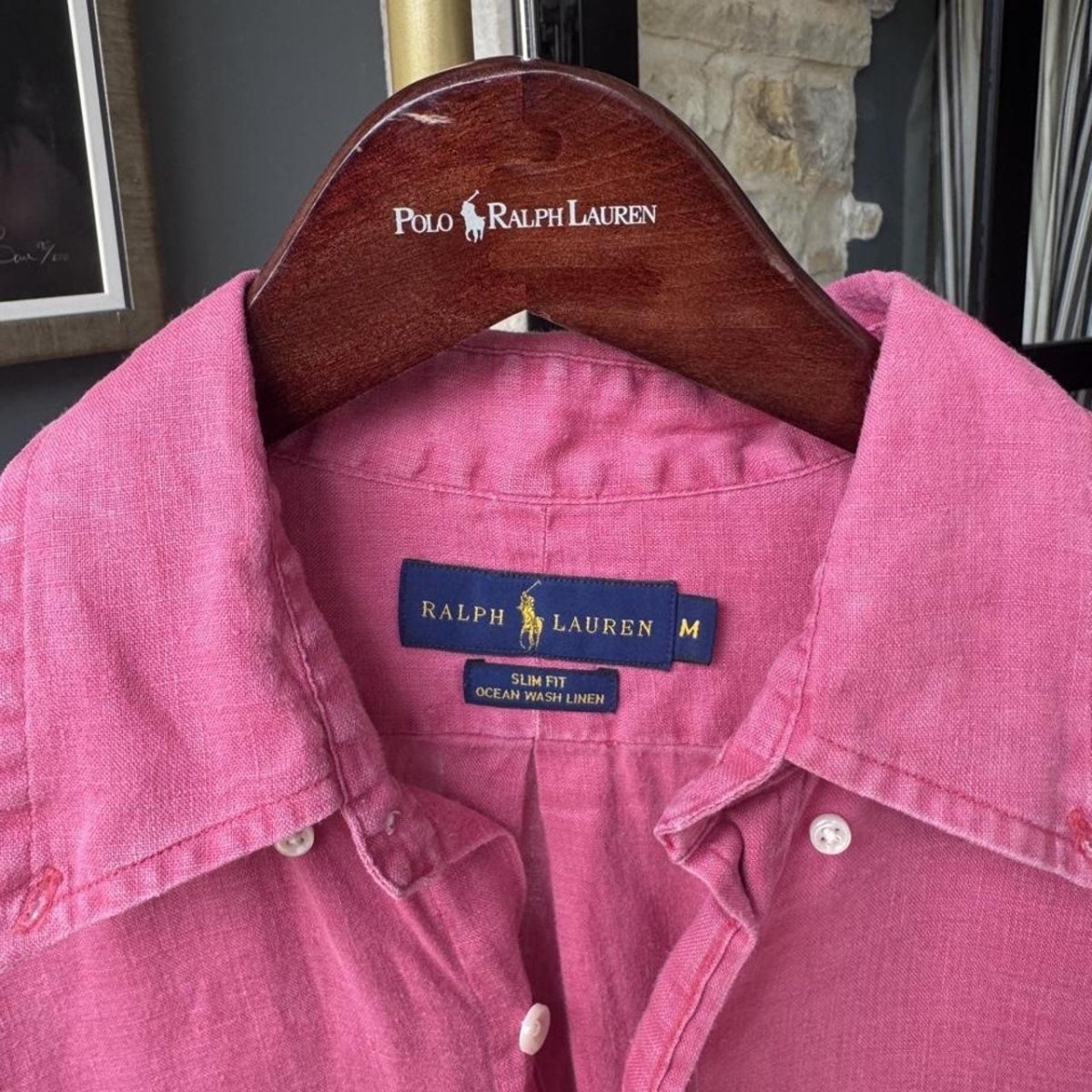 Polo Ralph Lauren Embroidered Pony Pink Linen Shirt M - Threads Uncovered
