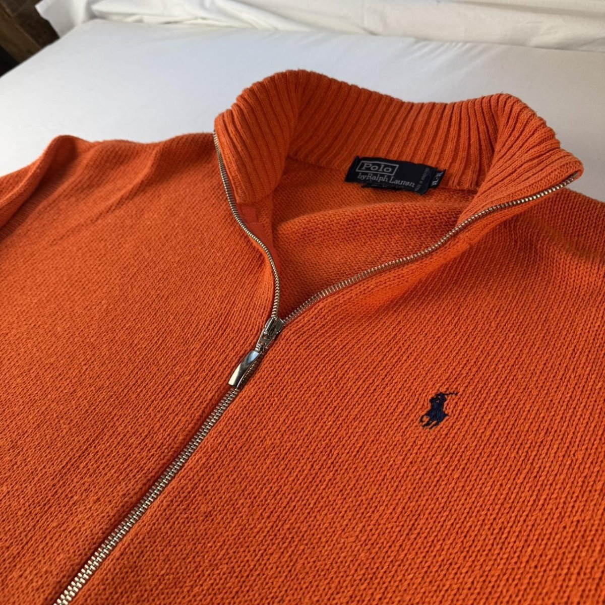 Polo Ralph Lauren Navy Pony Double Zip Thick Knitted Full Zip Jumper XL - Threads Uncovered