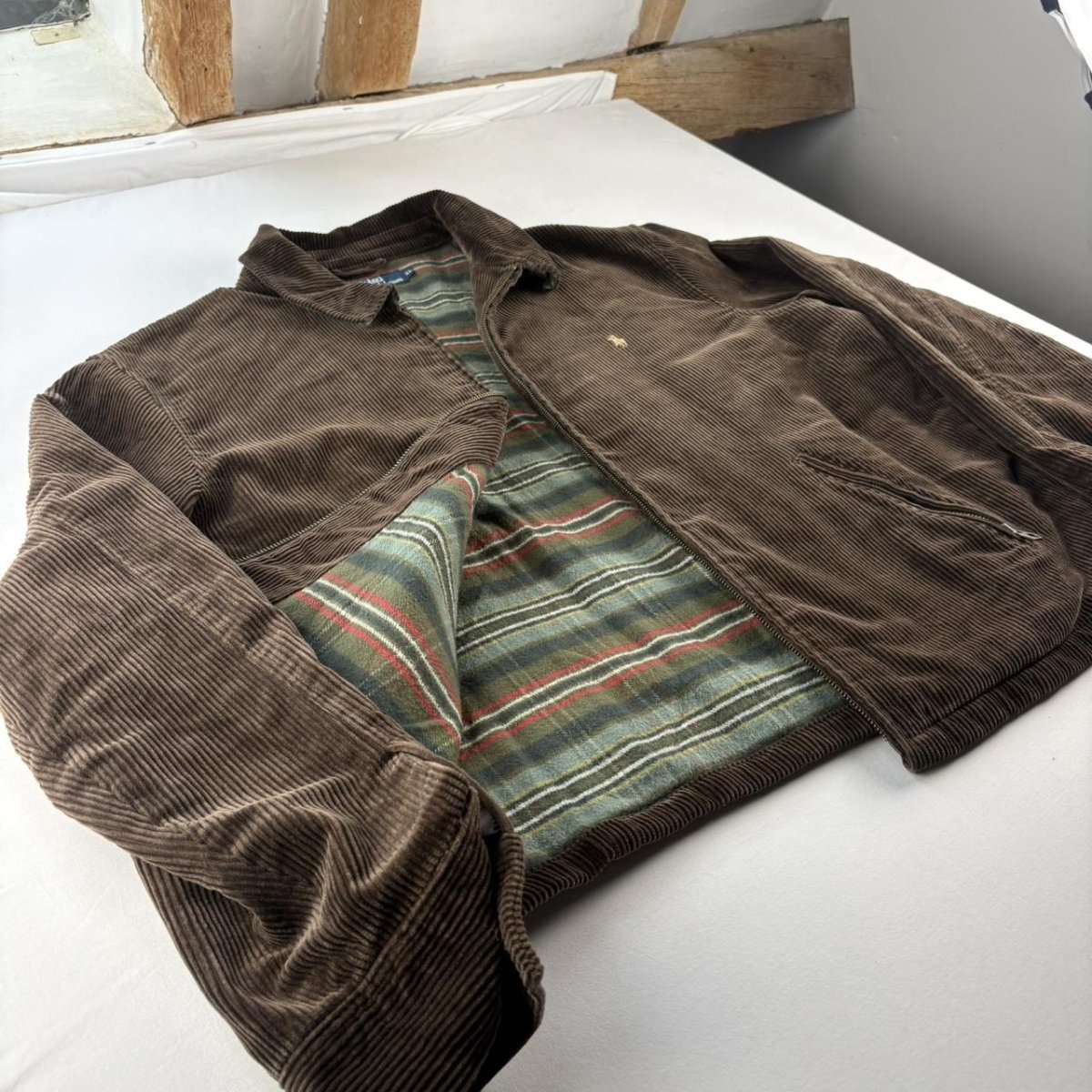 Rare Early 2000s Polo Ralph Lauren Plaid Green Lining Brown Corduroy Harrington Jacket XL - Threads Uncovered