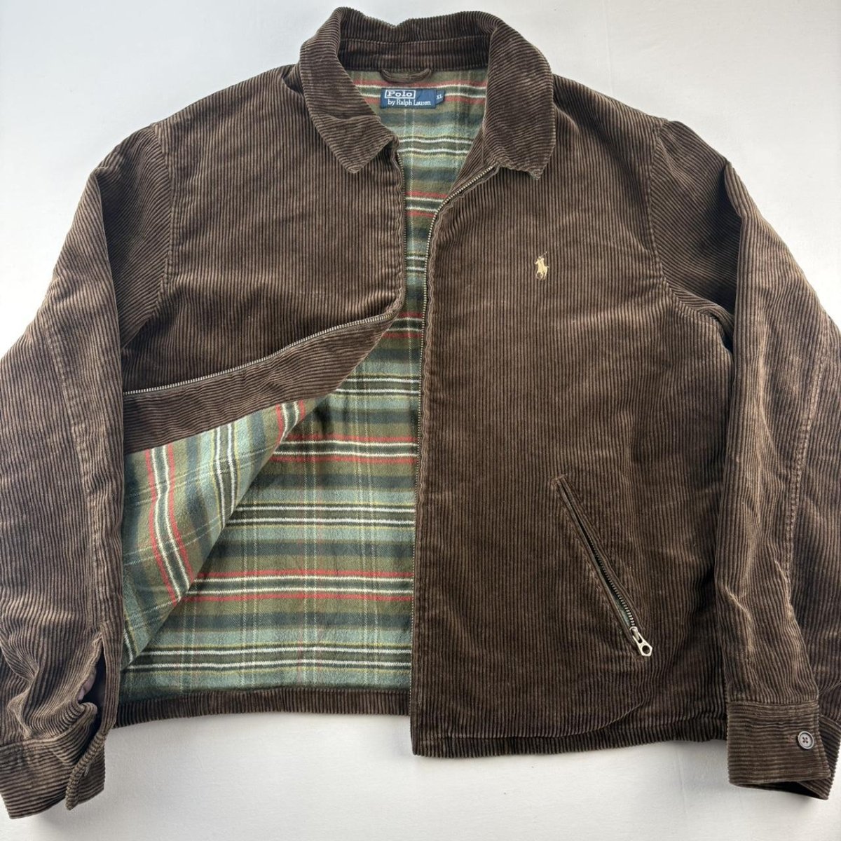 Rare Early 2000s Polo Ralph Lauren Plaid Green Lining Brown Corduroy Harrington Jacket XL - Threads Uncovered
