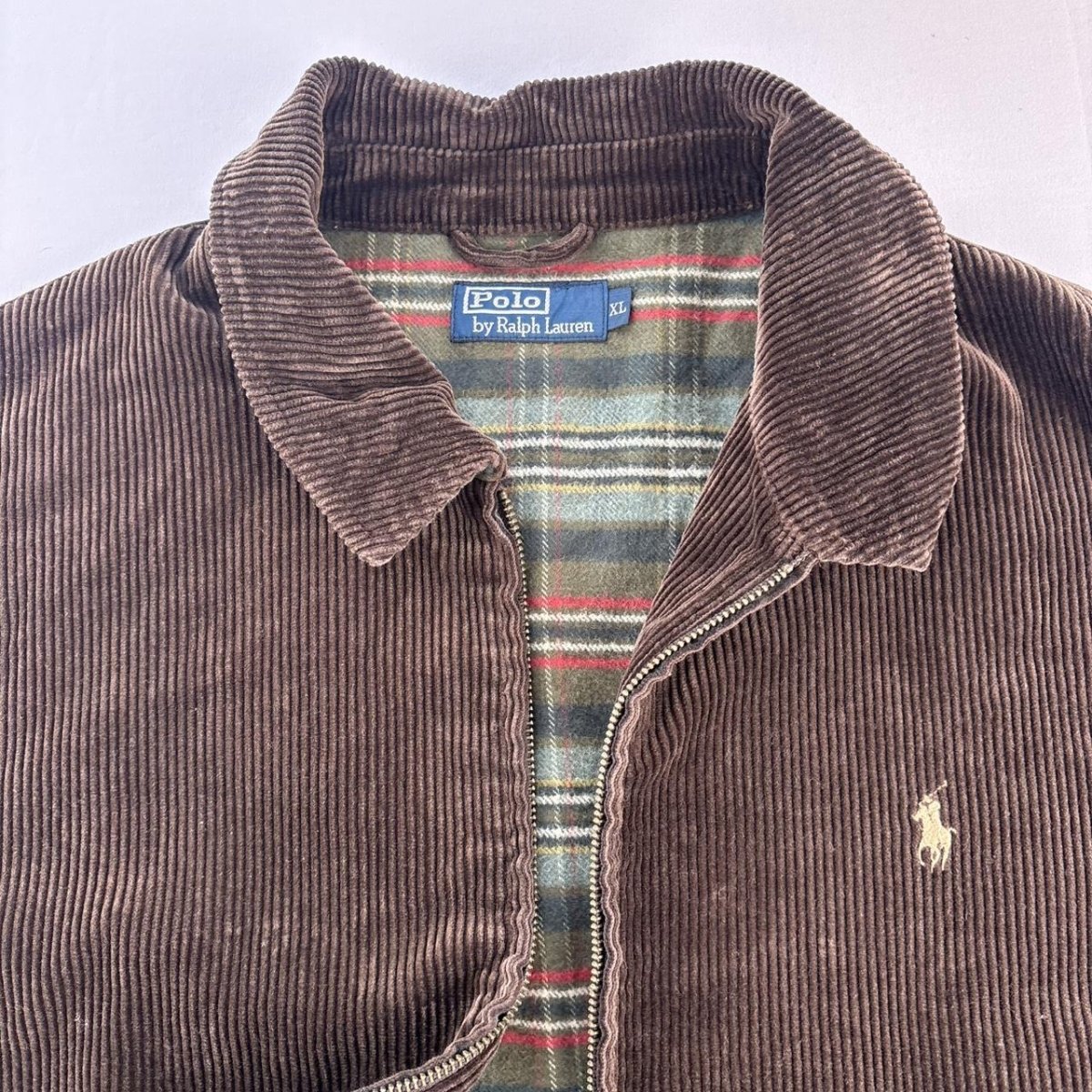 Rare Early 2000s Polo Ralph Lauren Plaid Green Lining Brown Corduroy Harrington Jacket XL - Threads Uncovered