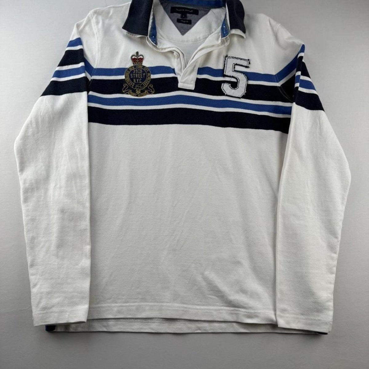 Tommy Hilfiger Embroidered Spellout Striped Rugby Polo L - Threads Uncovered