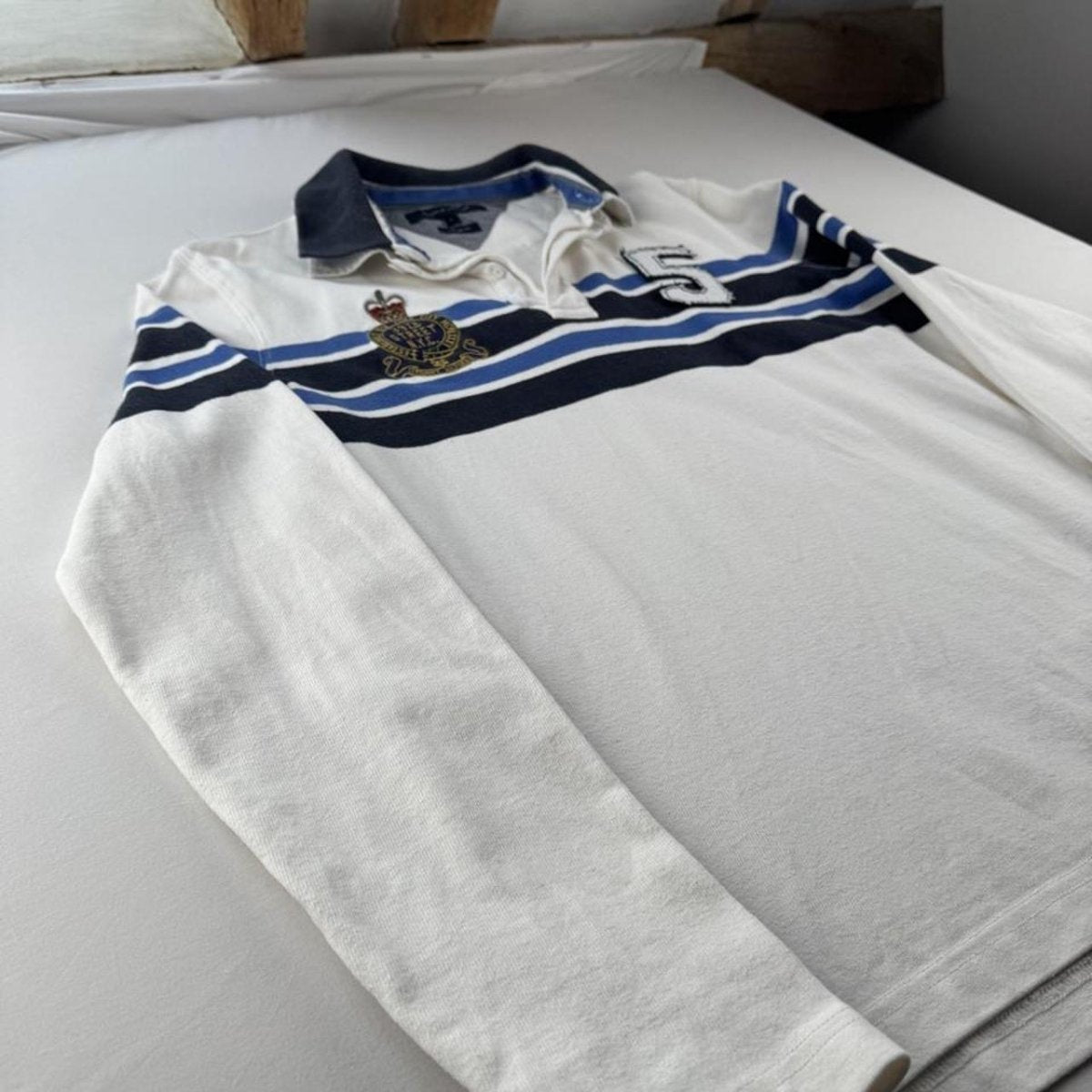 Tommy Hilfiger Embroidered Spellout Striped Rugby Polo L - Threads Uncovered