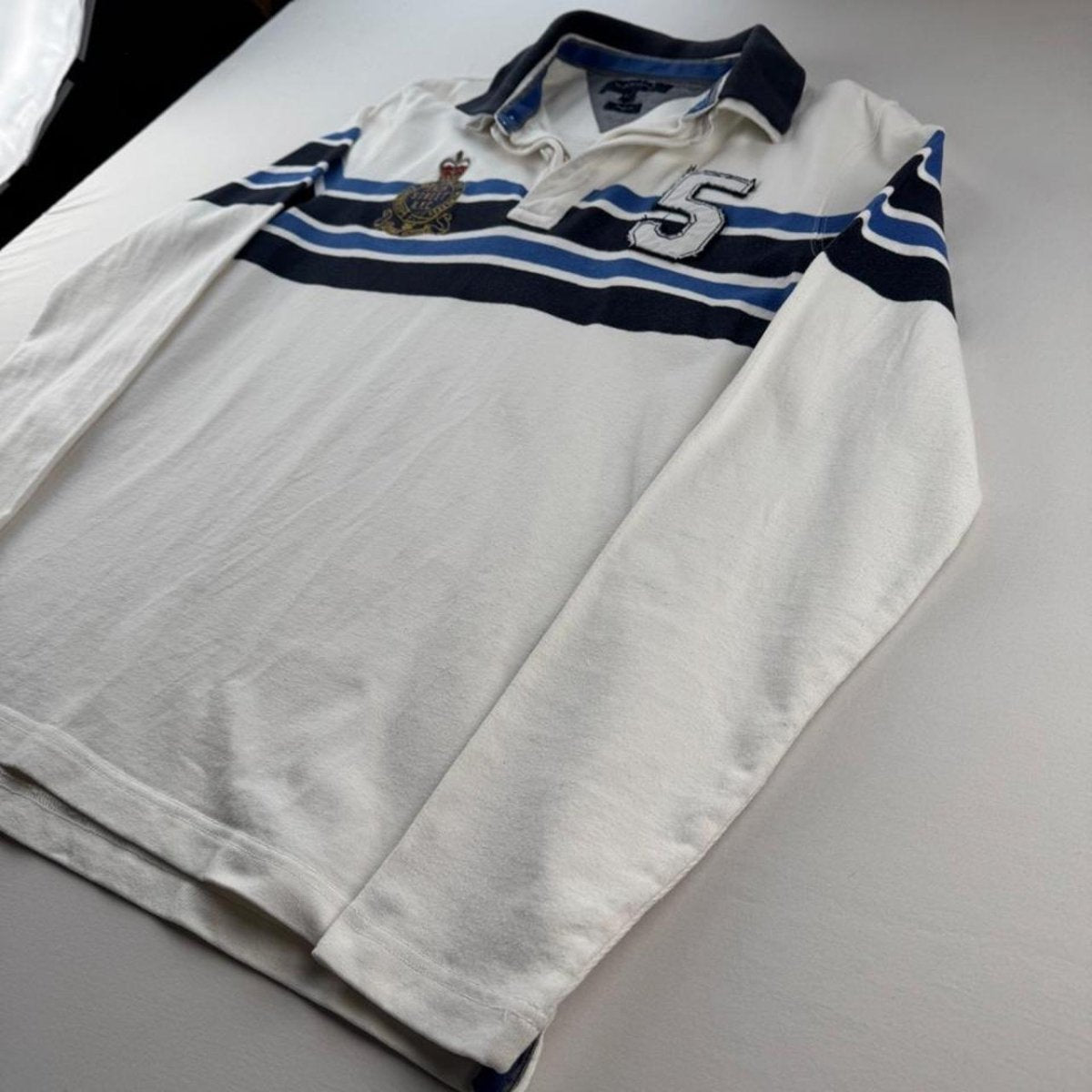 Tommy Hilfiger Embroidered Spellout Striped Rugby Polo L - Threads Uncovered