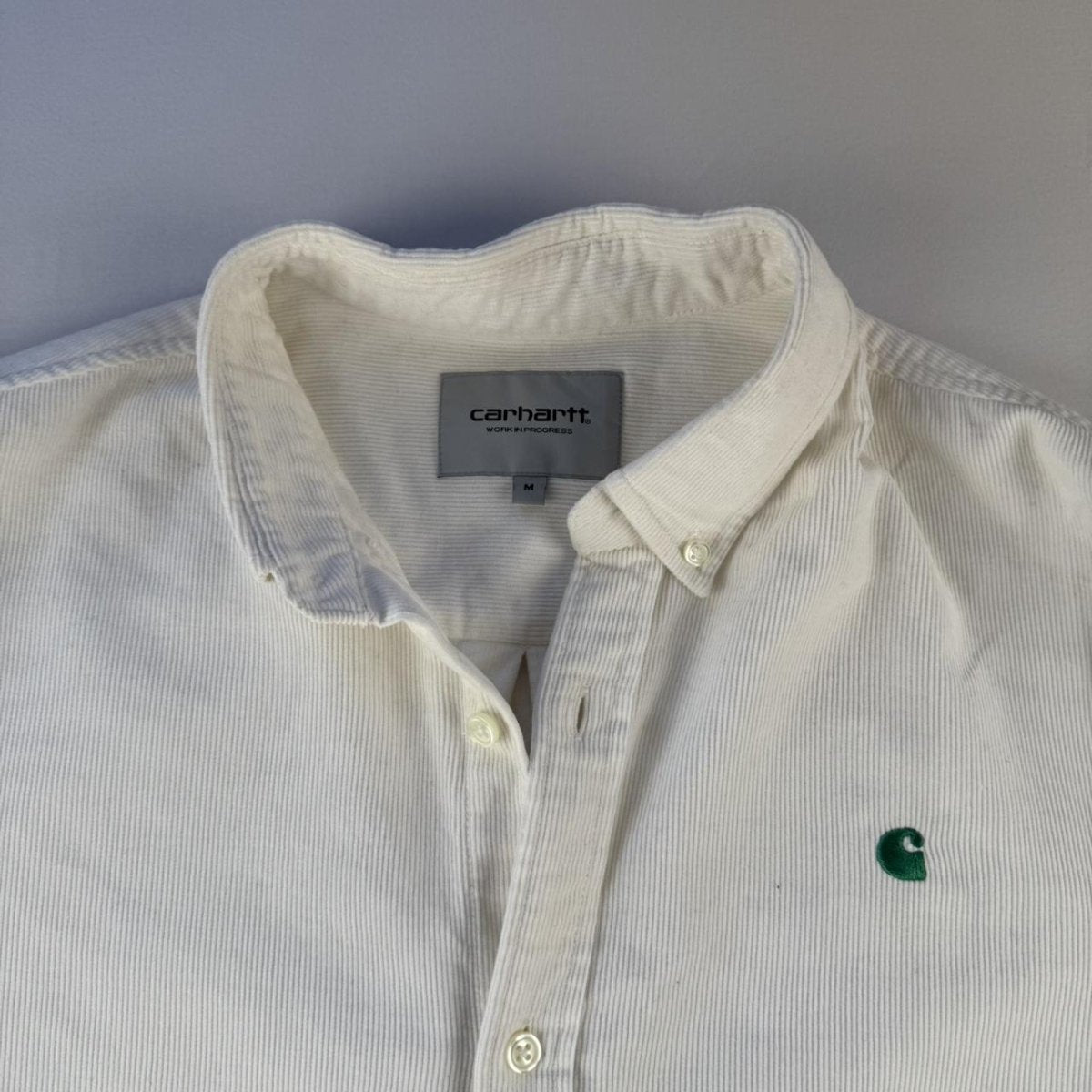 White and Green Carhartt WIP Long Sleeve Madison Corduroy Button Down Shirt M - Threads Uncovered