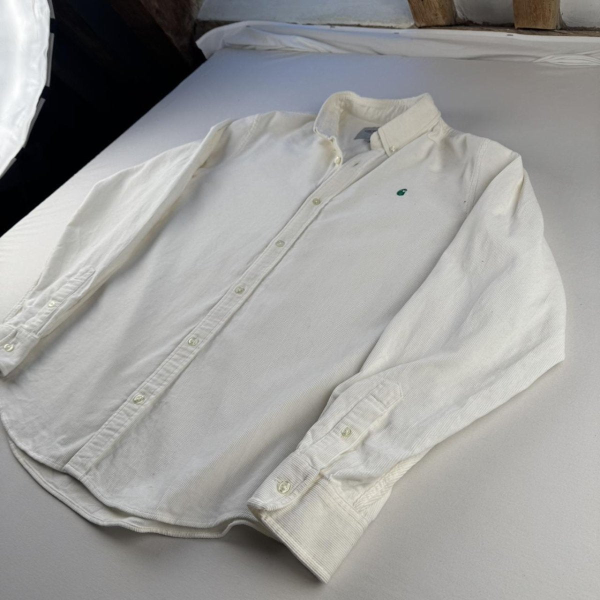 White and Green Carhartt WIP Long Sleeve Madison Corduroy Button Down Shirt M - Threads Uncovered