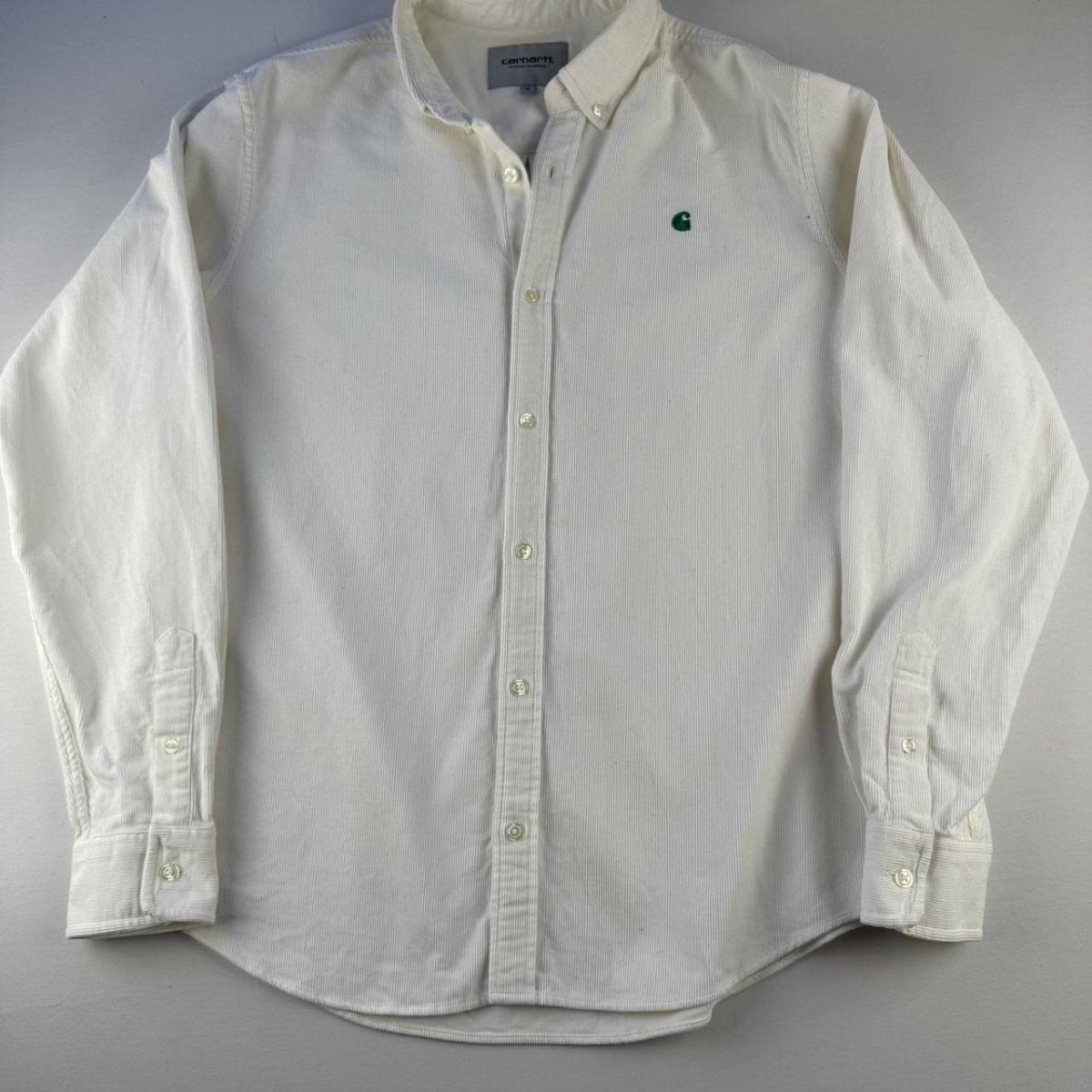 White and Green Carhartt WIP Long Sleeve Madison Corduroy Button Down Shirt M - Threads Uncovered