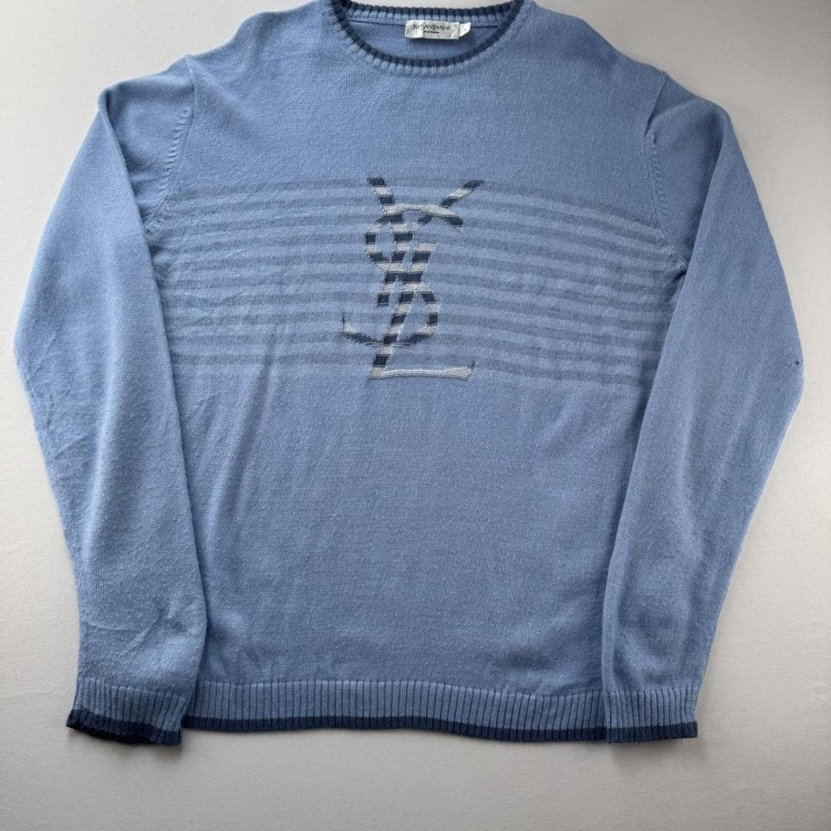 Yves Saint Laurent YSL Baby Blue Embroidered Logo Woolen Jumper L - Threads Uncovered