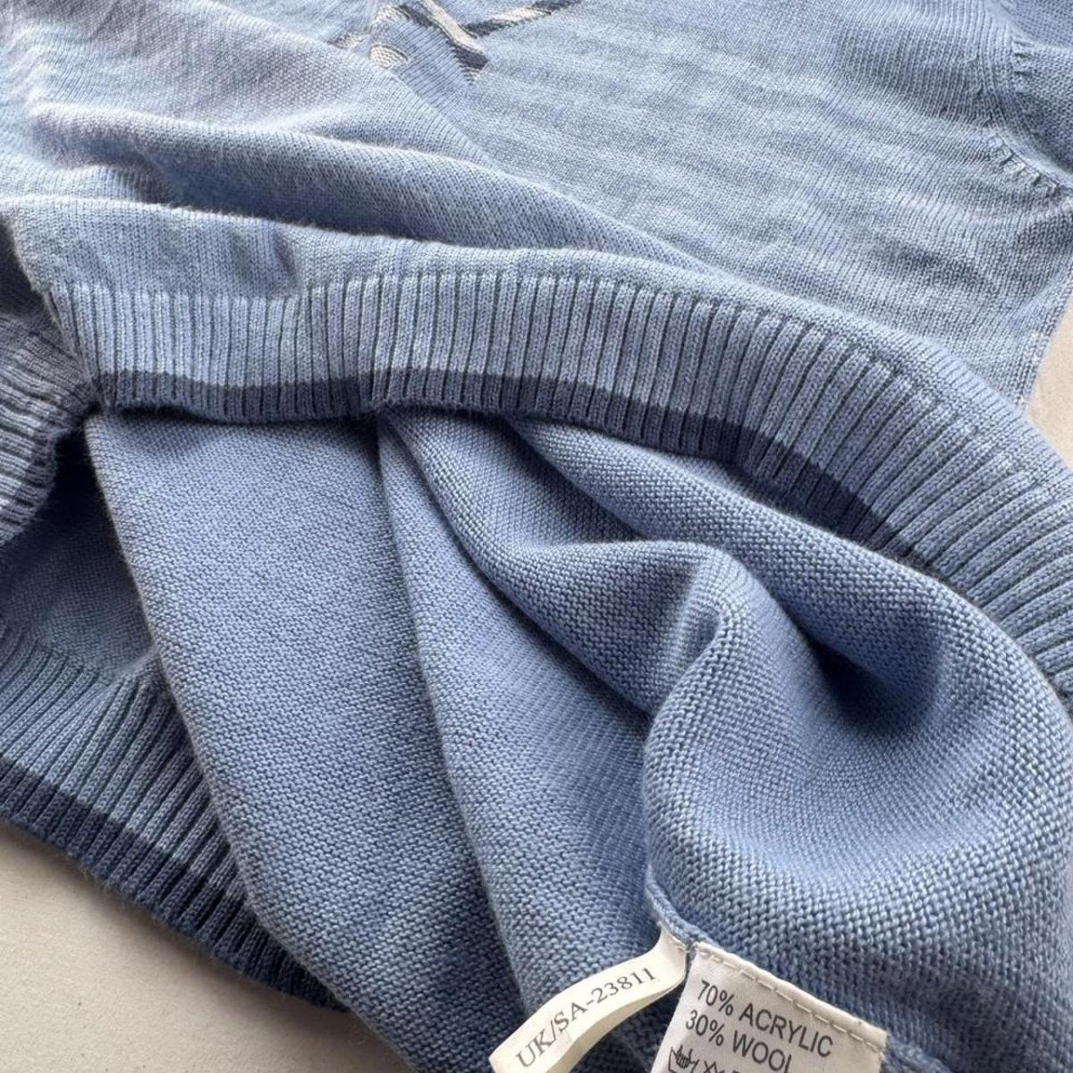 Yves Saint Laurent YSL Baby Blue Embroidered Logo Woolen Jumper L - Threads Uncovered