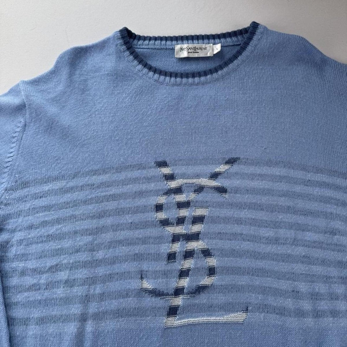 Yves Saint Laurent YSL Baby Blue Embroidered Logo Woolen Jumper L - Threads Uncovered