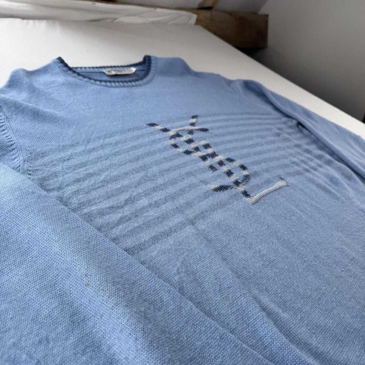 Yves Saint Laurent YSL Baby Blue Embroidered Logo Woolen Jumper L - Threads Uncovered