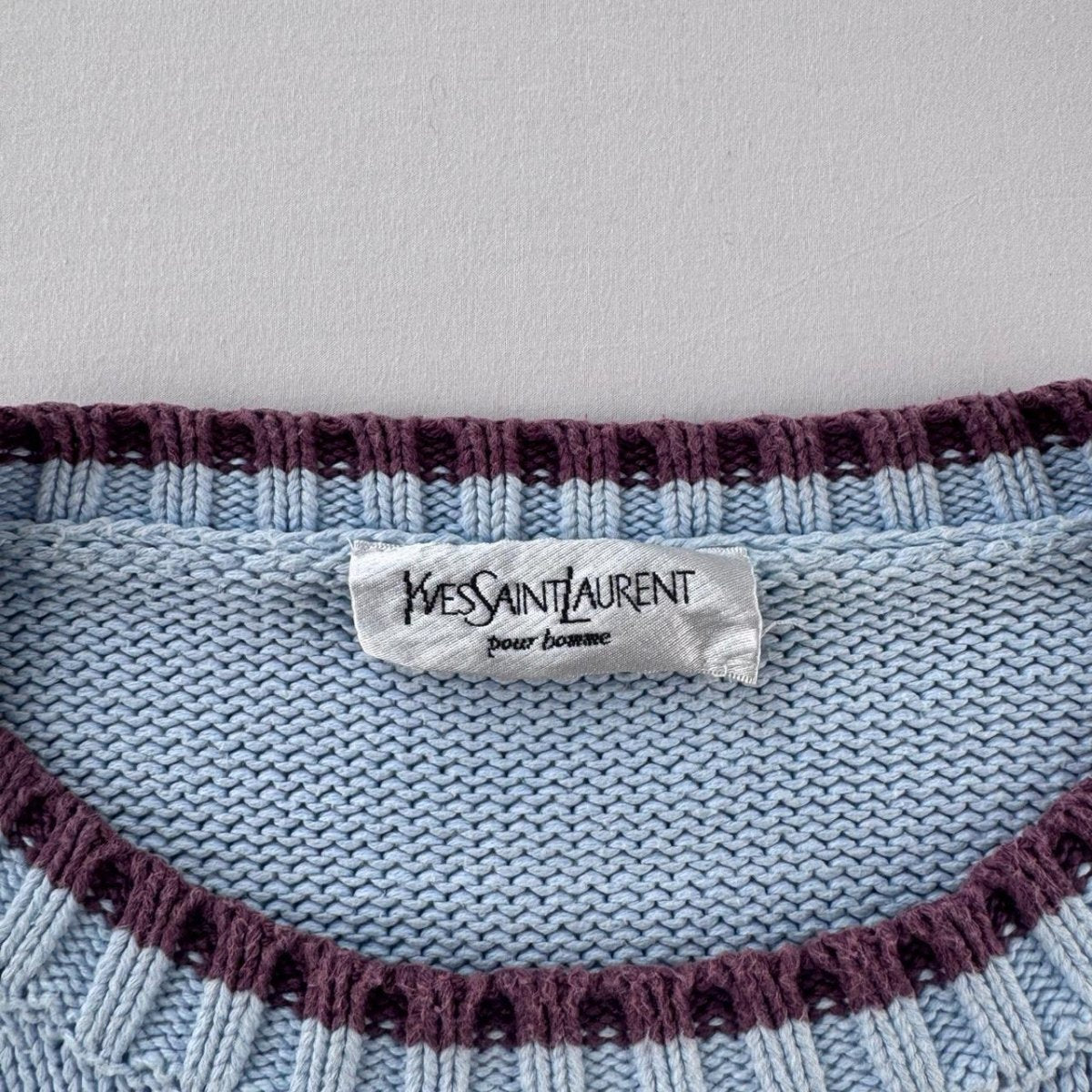 Yves Saint Laurent YSL Embroidered Logo Thick Knitted Baby Blue Jumper L - Threads Uncovered