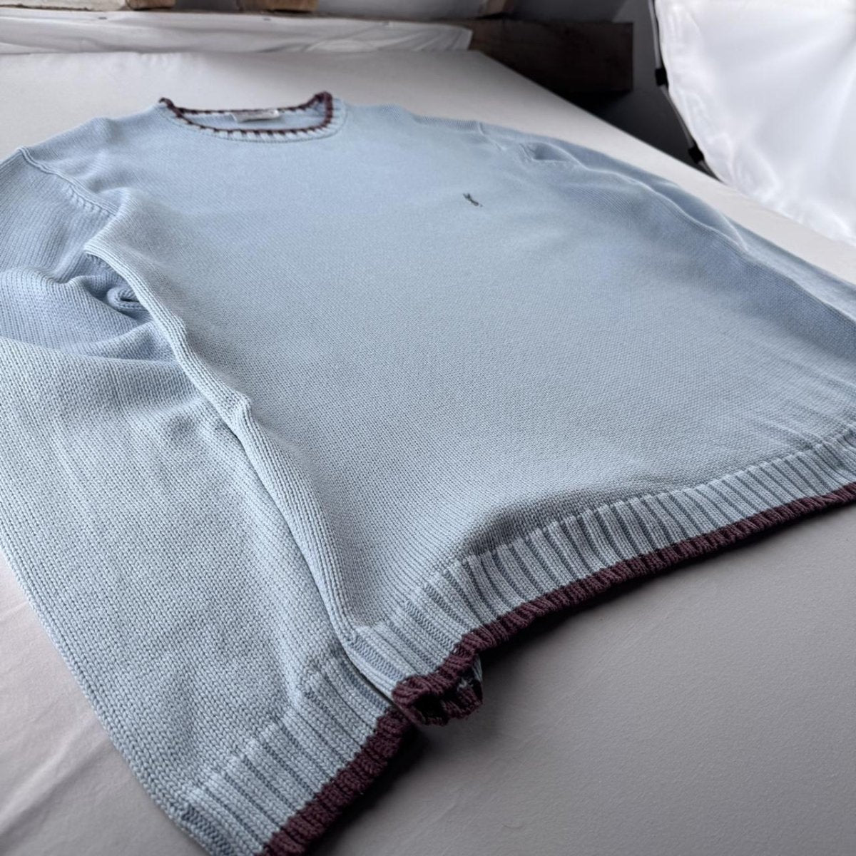 Yves Saint Laurent YSL Embroidered Logo Thick Knitted Baby Blue Jumper L - Threads Uncovered