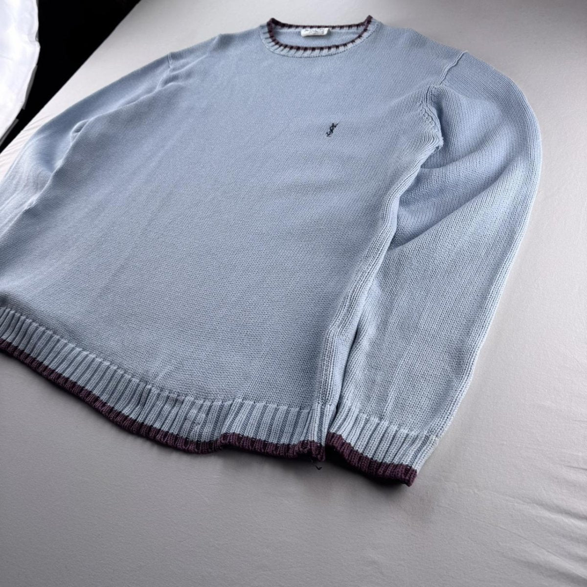 Yves Saint Laurent YSL Embroidered Logo Thick Knitted Baby Blue Jumper L - Threads Uncovered