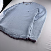 Yves Saint Laurent YSL Embroidered Logo Thick Knitted Baby Blue Jumper L - Threads Uncovered