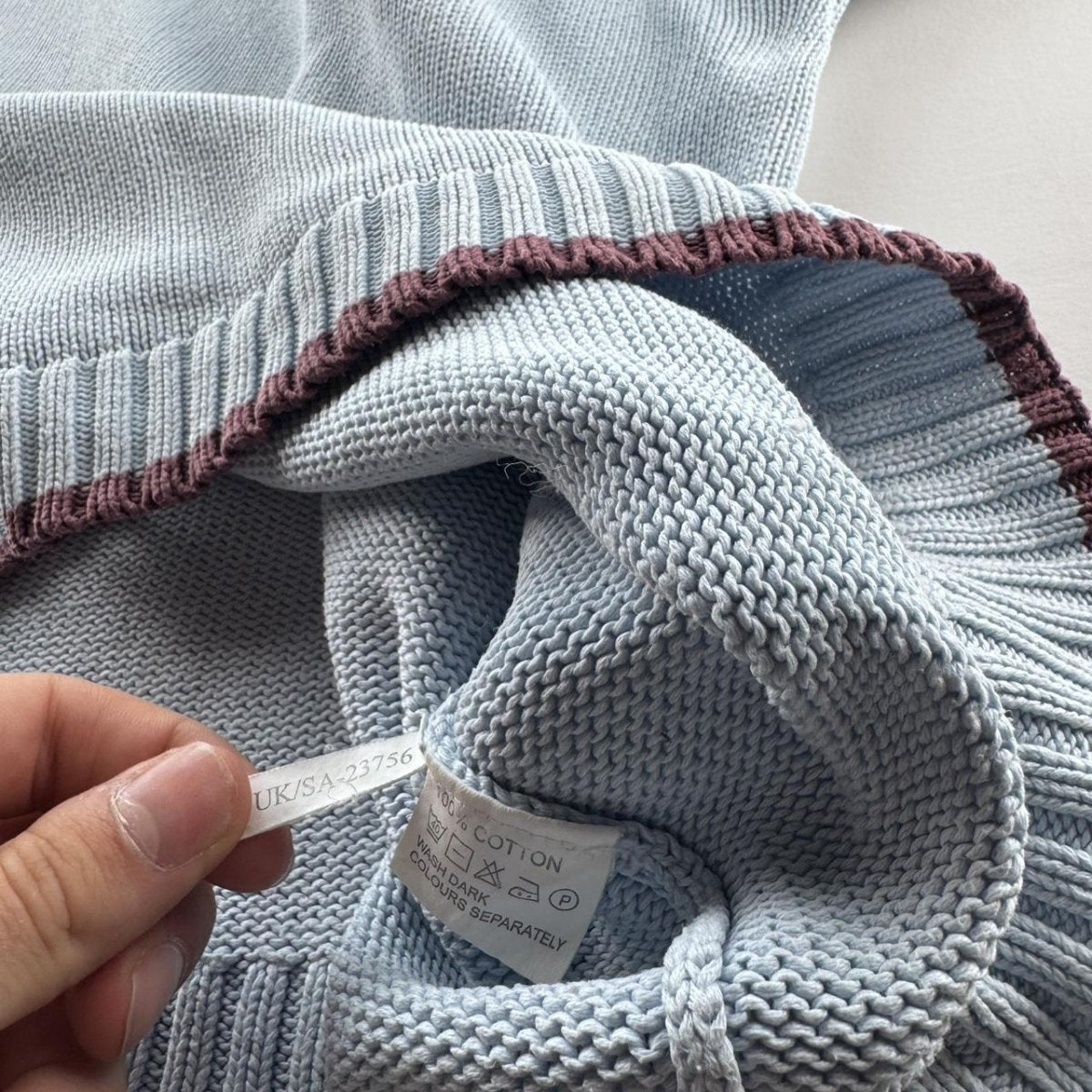 Yves Saint Laurent YSL Embroidered Logo Thick Knitted Baby Blue Jumper L - Threads Uncovered