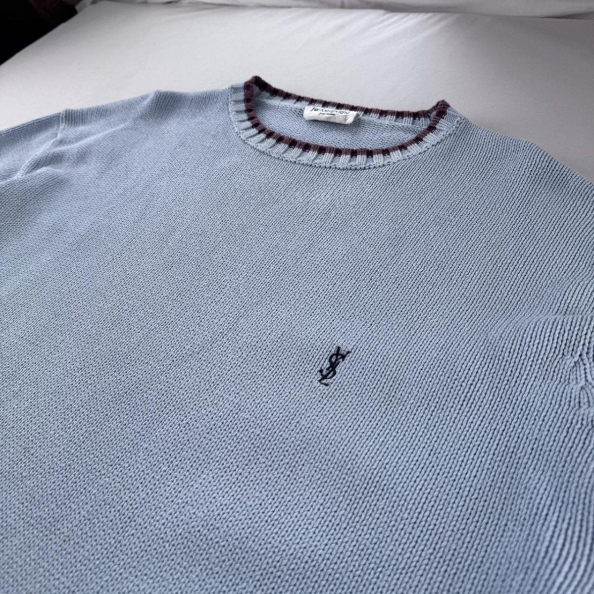 Yves Saint Laurent YSL Embroidered Logo Thick Knitted Baby Blue Jumper L - Threads Uncovered