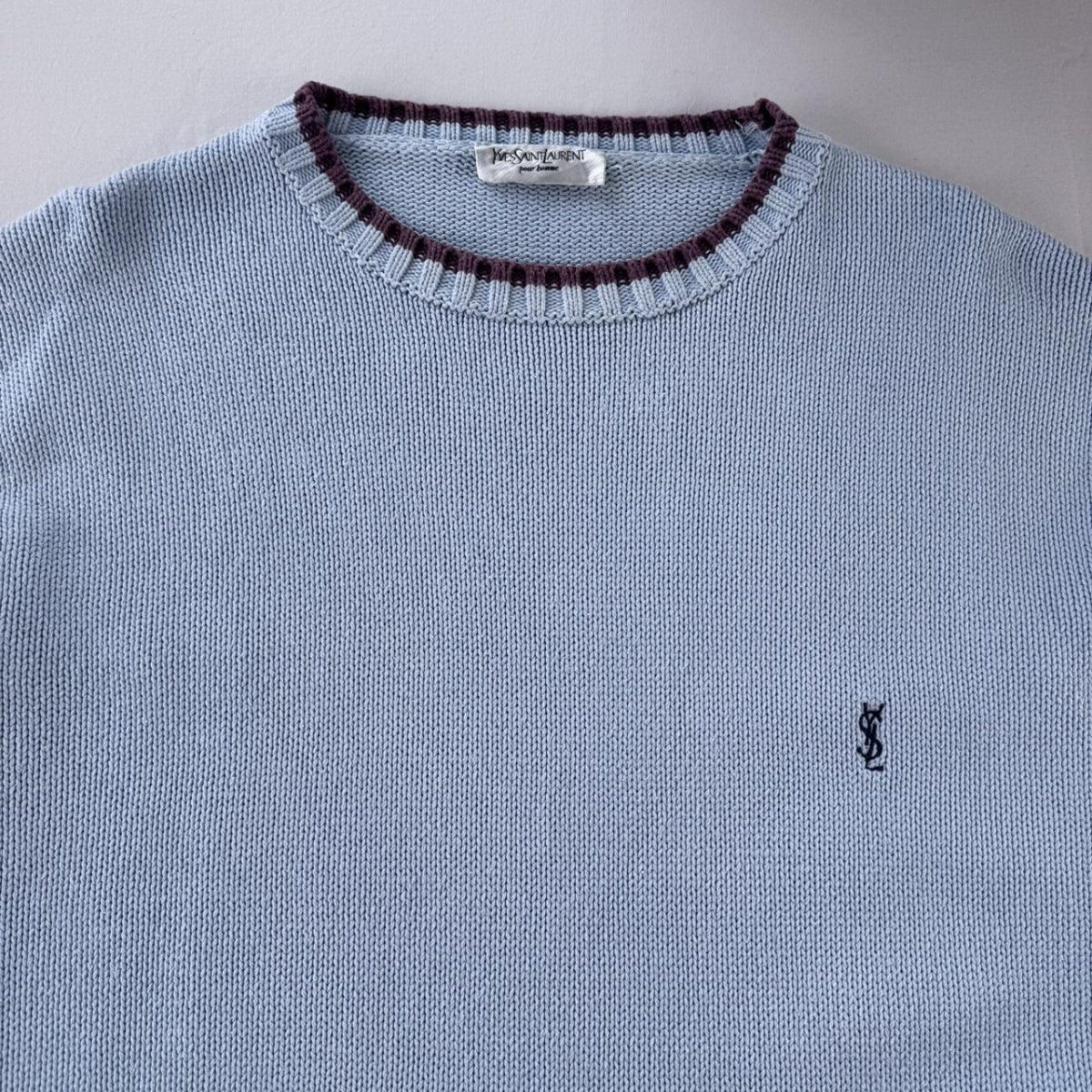 Yves Saint Laurent YSL Embroidered Logo Thick Knitted Baby Blue Jumper L - Threads Uncovered