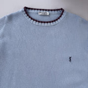 Yves Saint Laurent YSL Embroidered Logo Thick Knitted Baby Blue Jumper L - Threads Uncovered