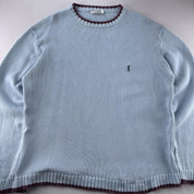Yves Saint Laurent YSL Embroidered Logo Thick Knitted Baby Blue Jumper L - Threads Uncovered