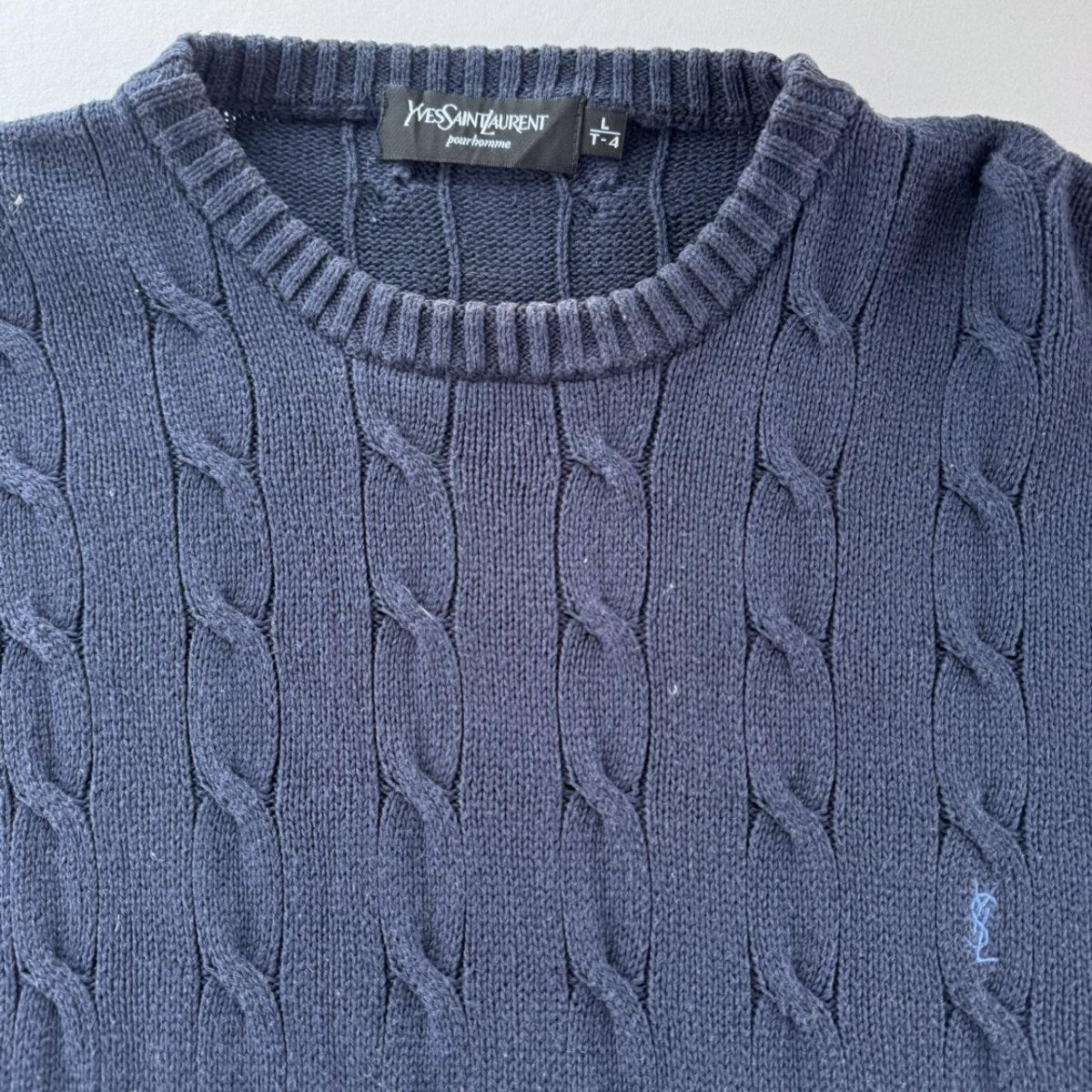 Yves Saint Laurent YSL Embroidered Logo Thick Knitted Cable Knit L - Threads Uncovered