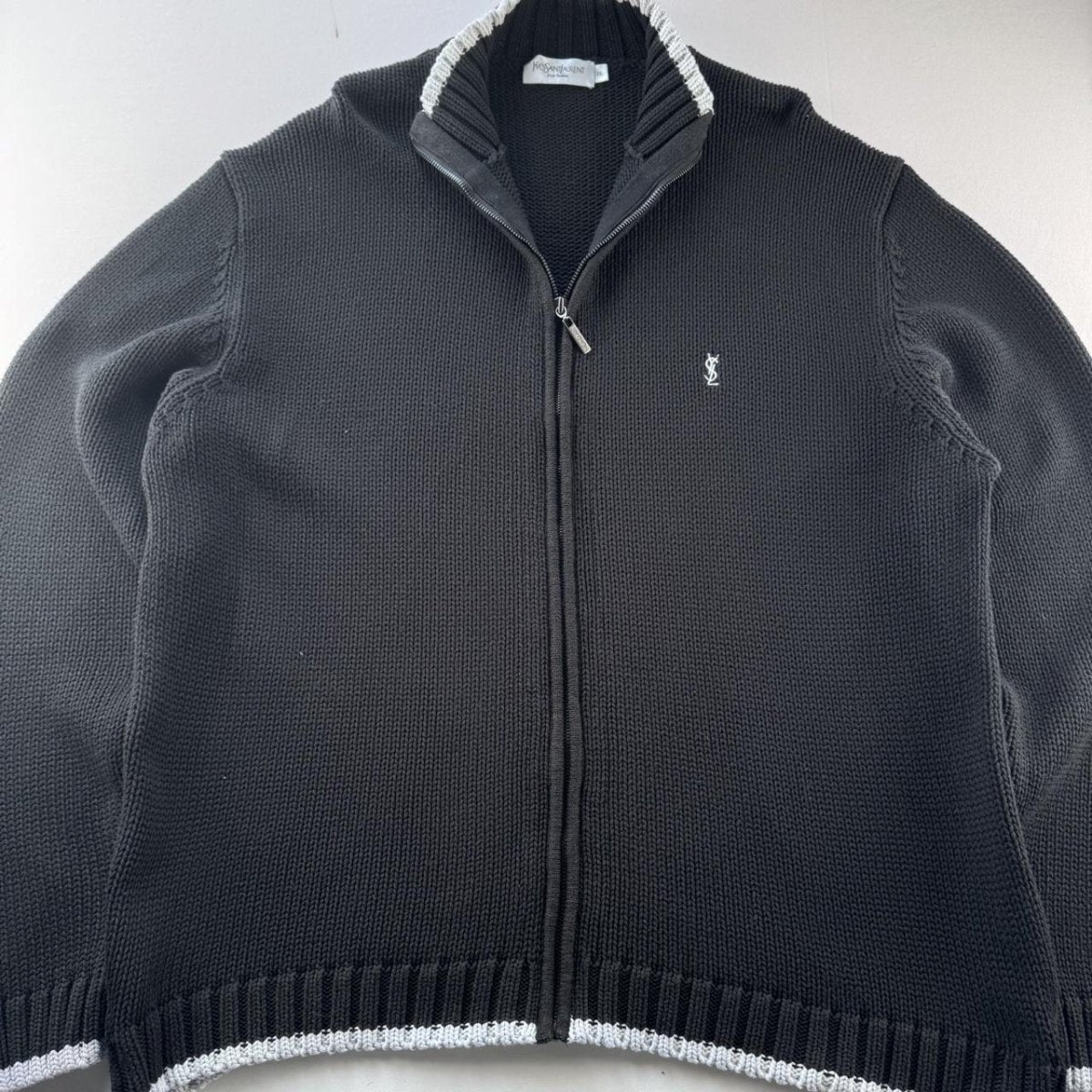 Yves Saint Laurent YSL Embroidered Logo Thick Knitted Ribbed Full Zip XXL - Threads Uncovered