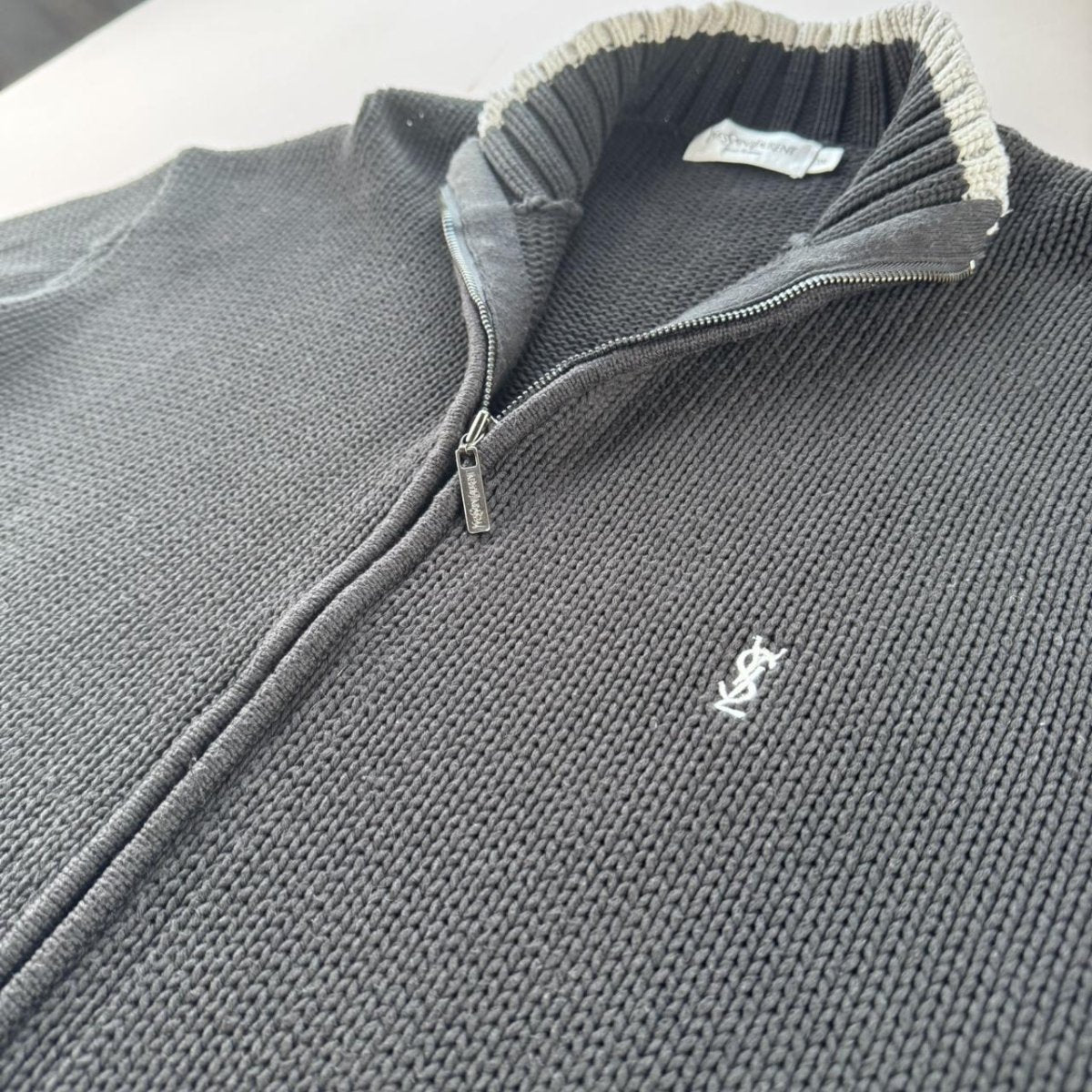 Yves Saint Laurent YSL Embroidered Logo Thick Knitted Ribbed Full Zip XXL - Threads Uncovered