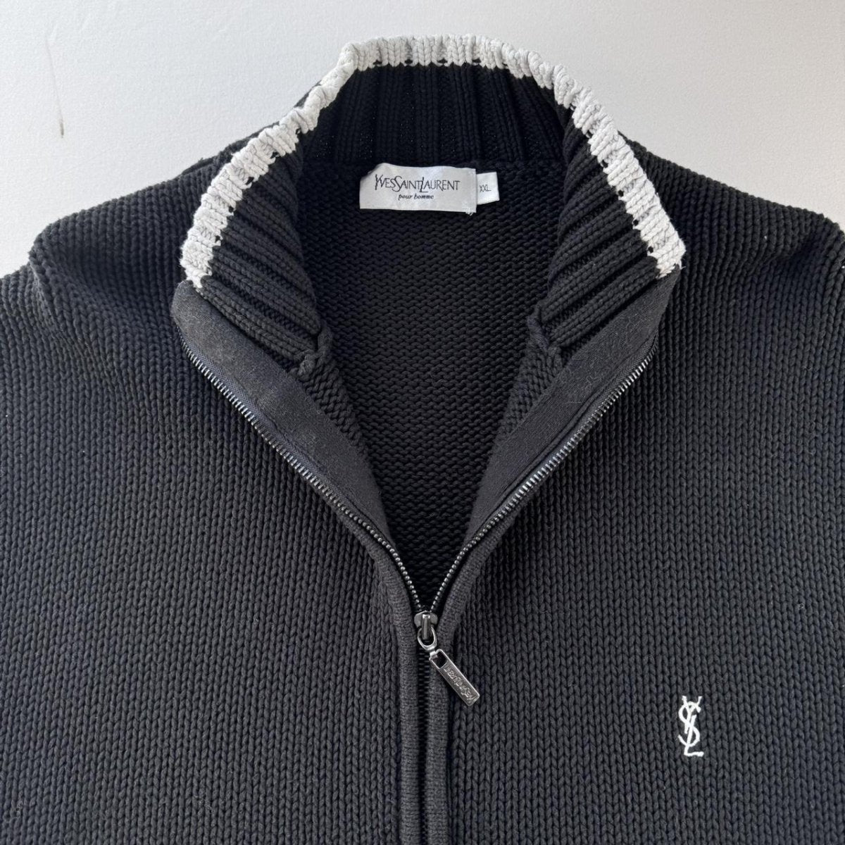 Yves Saint Laurent YSL Embroidered Logo Thick Knitted Ribbed Full Zip XXL - Threads Uncovered