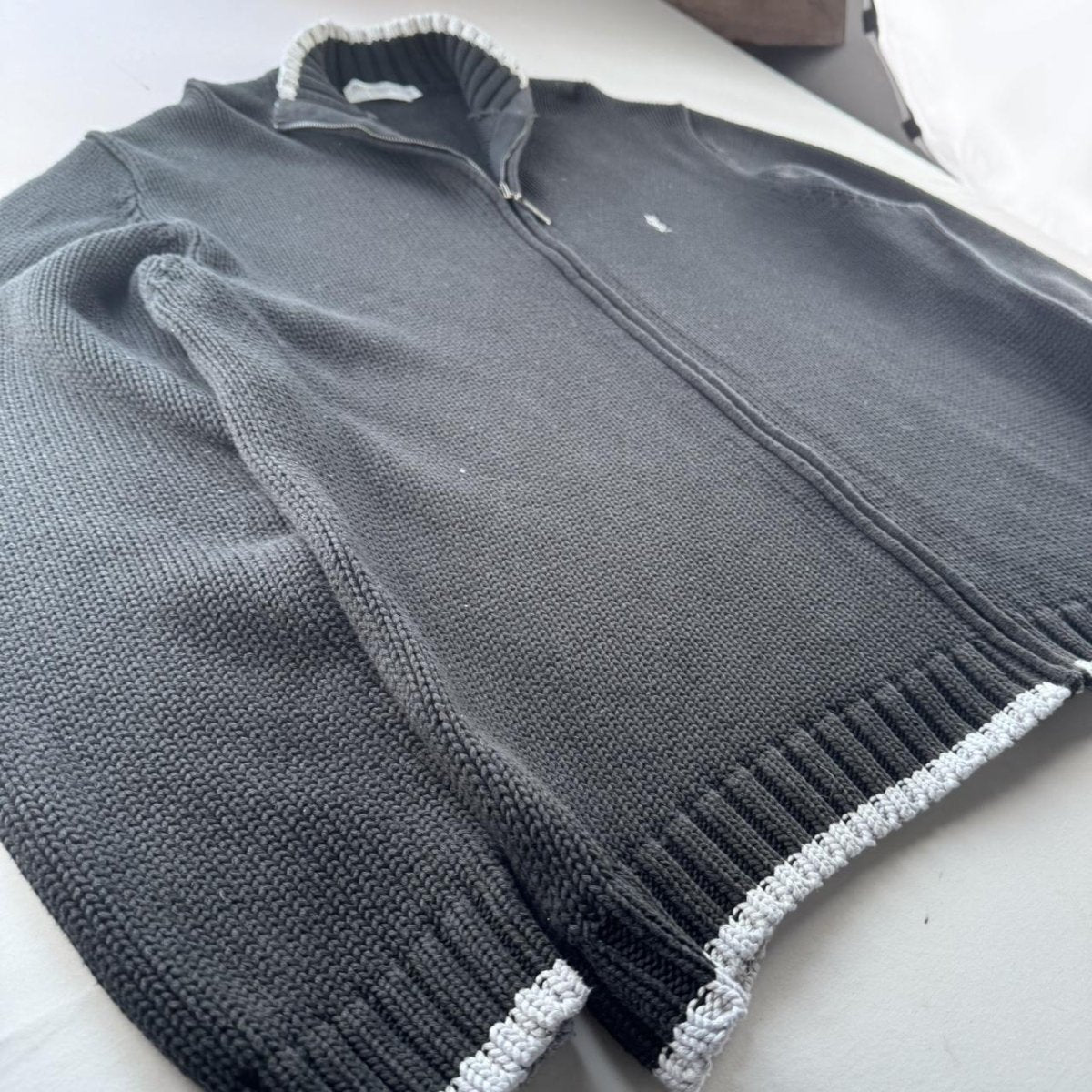 Yves Saint Laurent YSL Embroidered Logo Thick Knitted Ribbed Full Zip XXL - Threads Uncovered