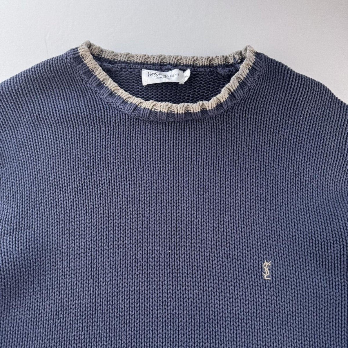 Yves Saint Laurent YSL Embroidered Logo Thick Knitted Ribbed Jumper XL - Threads Uncovered