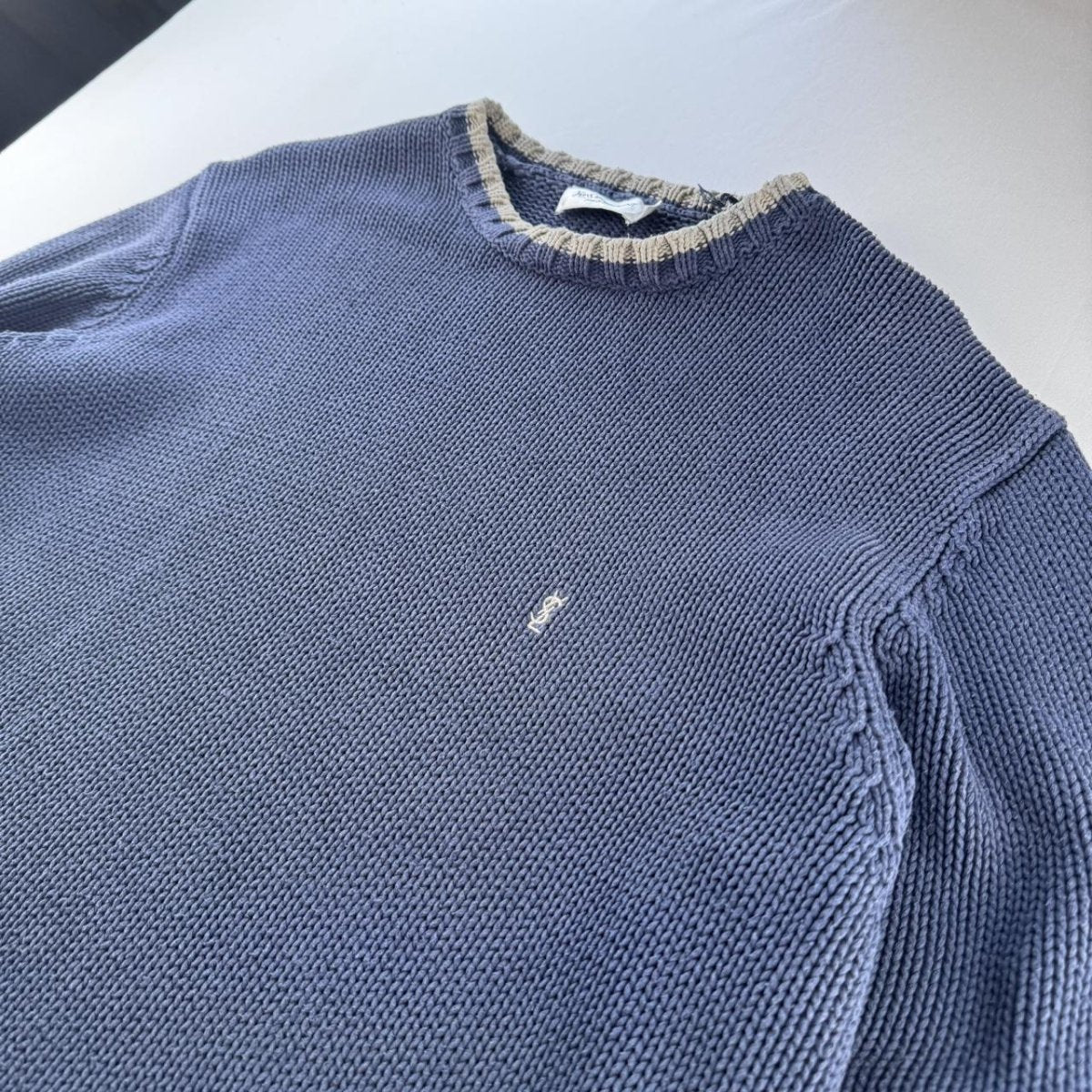 Yves Saint Laurent YSL Embroidered Logo Thick Knitted Ribbed Jumper XL - Threads Uncovered