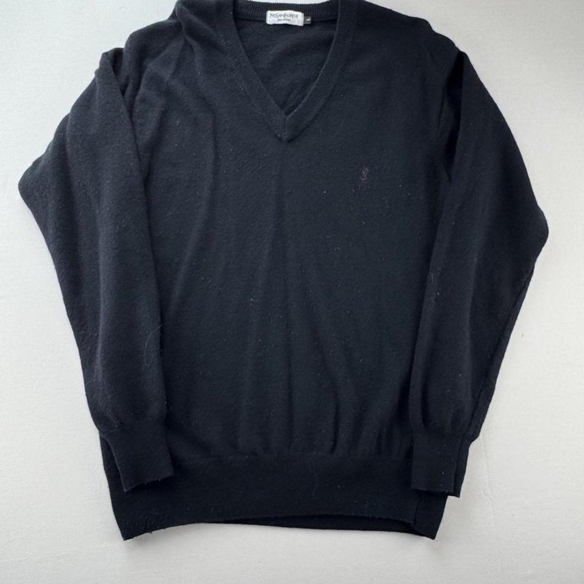 Yves Saint Laurent YSL Embroidered Logo Woolen V Neck Jumper L - Threads Uncovered
