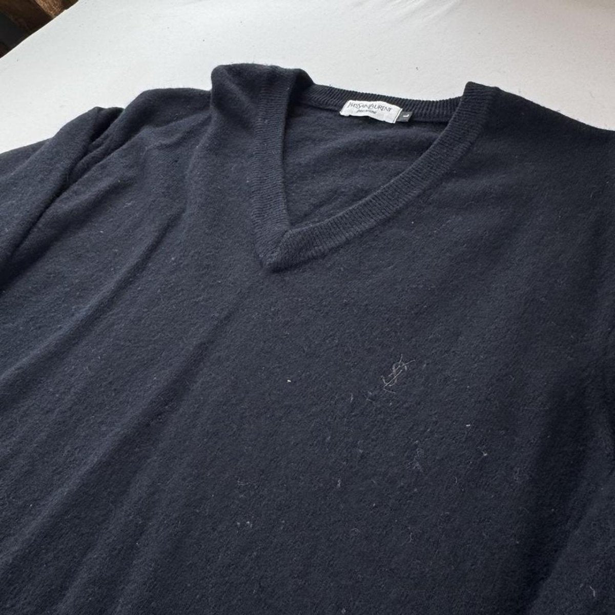 Yves Saint Laurent YSL Embroidered Logo Woolen V Neck Jumper L - Threads Uncovered