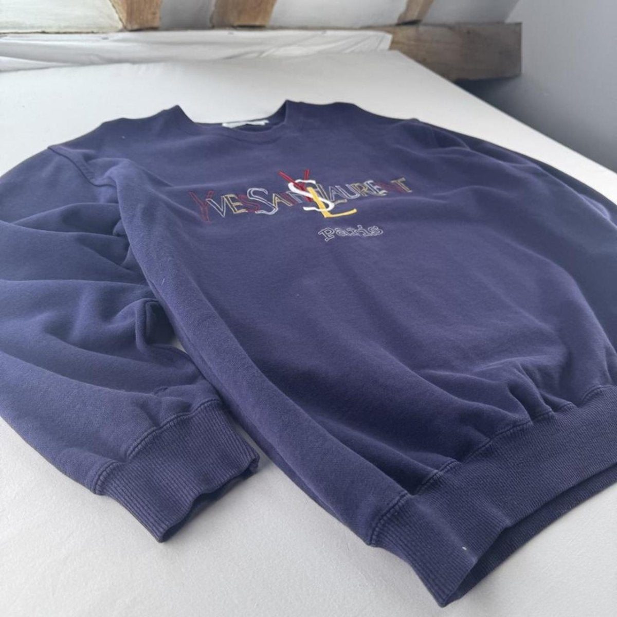 Yves Saint Laurent YSL Embroidered Thick Cotton Spellout Crewneck L - Threads Uncovered