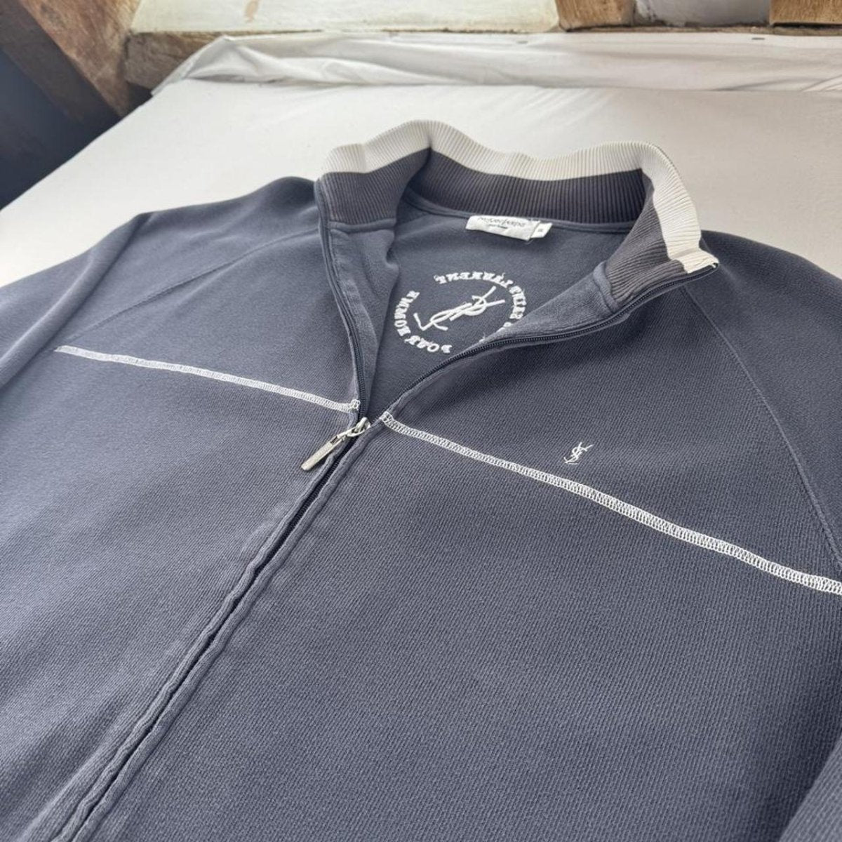 Yves Saint Laurent YSL Embroidered Thick Grey Cotton Track Jacket XXL - Threads Uncovered