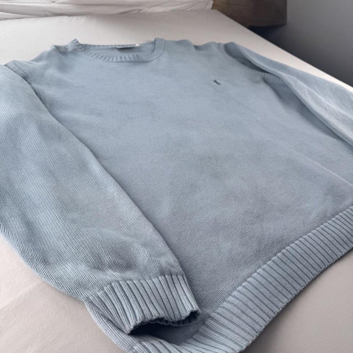 Yves Saint Laurent YSL Embroidered Thick Knitted Baby Blue Jumper XL - Threads Uncovered