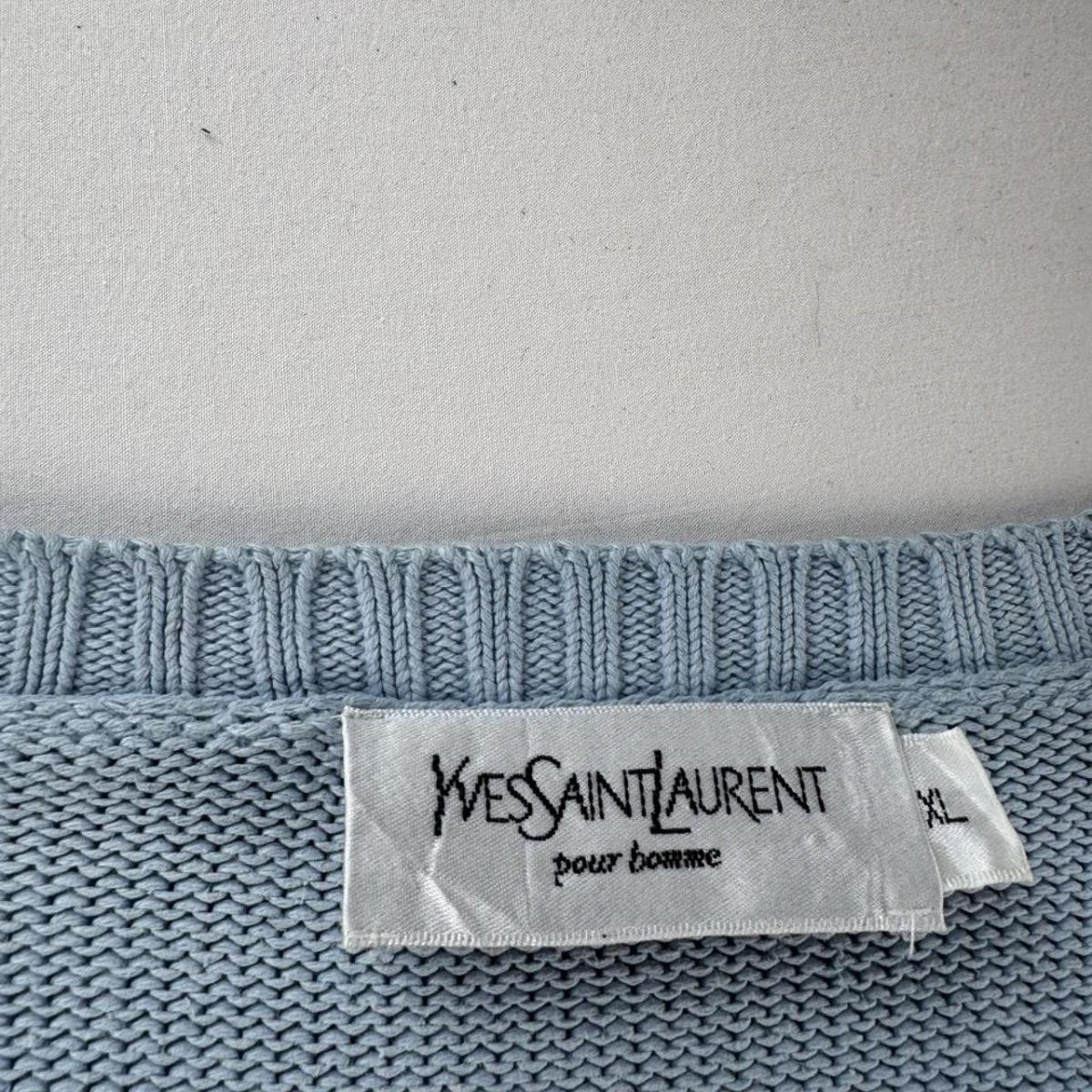 Yves Saint Laurent YSL Embroidered Thick Knitted Baby Blue Jumper XL - Threads Uncovered