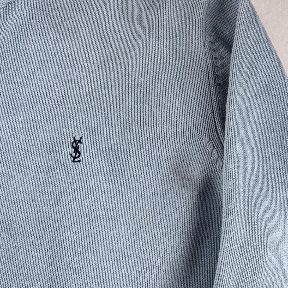 Yves Saint Laurent YSL Embroidered Thick Knitted Baby Blue Jumper XL - Threads Uncovered