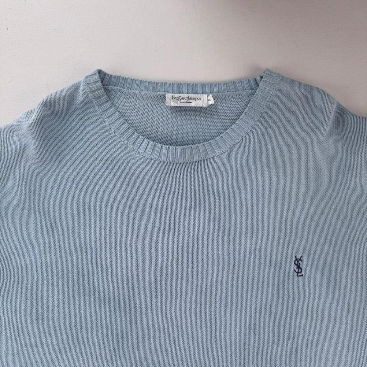 Yves Saint Laurent YSL Embroidered Thick Knitted Baby Blue Jumper XL - Threads Uncovered