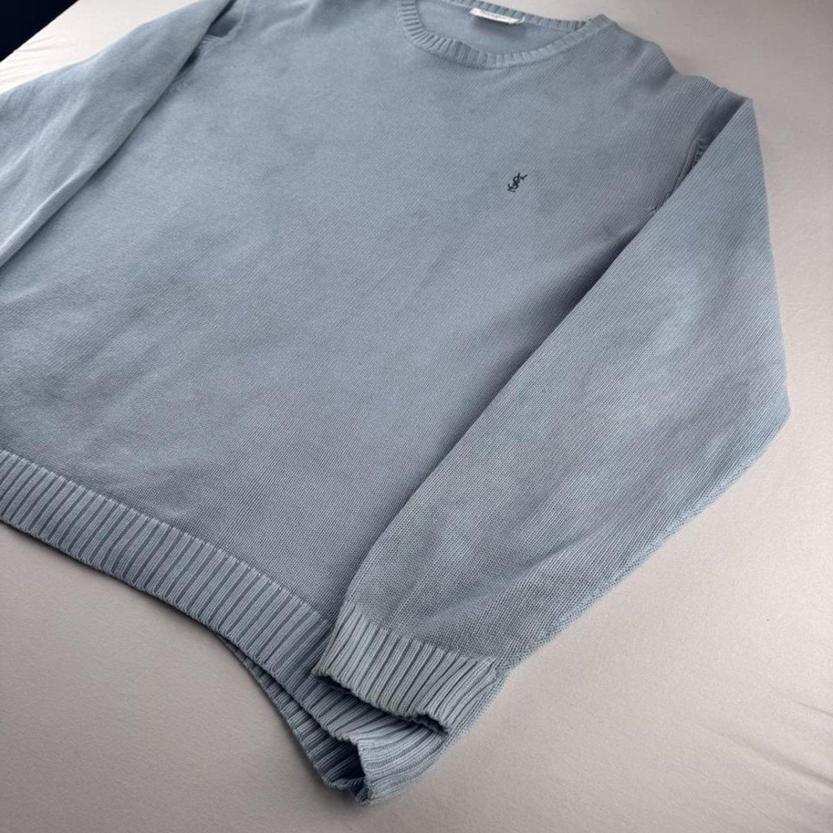 Yves Saint Laurent YSL Embroidered Thick Knitted Baby Blue Jumper XL - Threads Uncovered